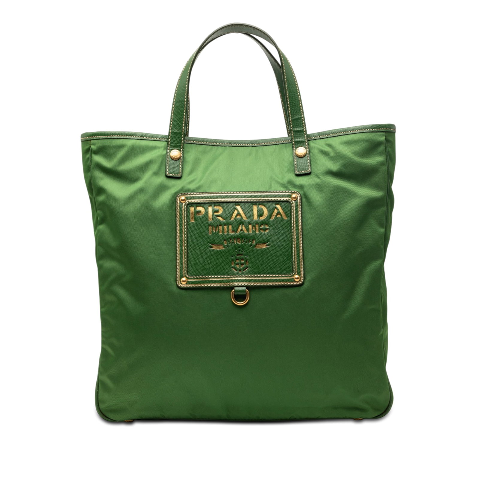 Prada green nylon tote with saffiano leather trim: Prada green nylon tote with saffiano leather trim This Prada tote features a green nylon body with saffiano leather trim, complemented by flat saffiano leather handles. The open top is secured with a 