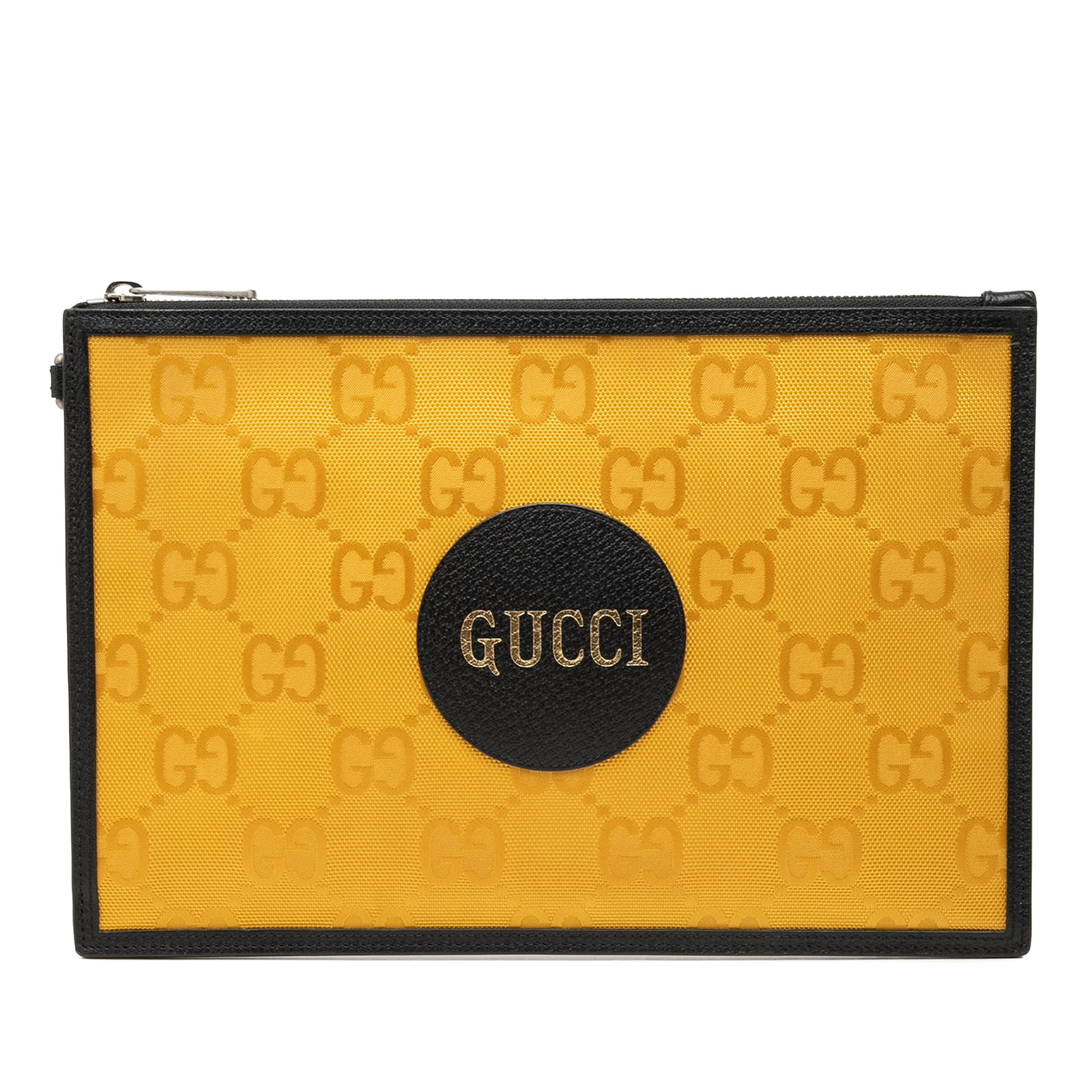Gucci Off The Grid GG Nylon Zip Clutch Bag Yellow: Gucci Off The Grid GG Nylon Zip Clutch Bag Yellow Gucci GG Nylon Off The Grid Clutch in yellow, made with a nylon body and fabric material. It features a top zip closure and interior slip pockets. Ori