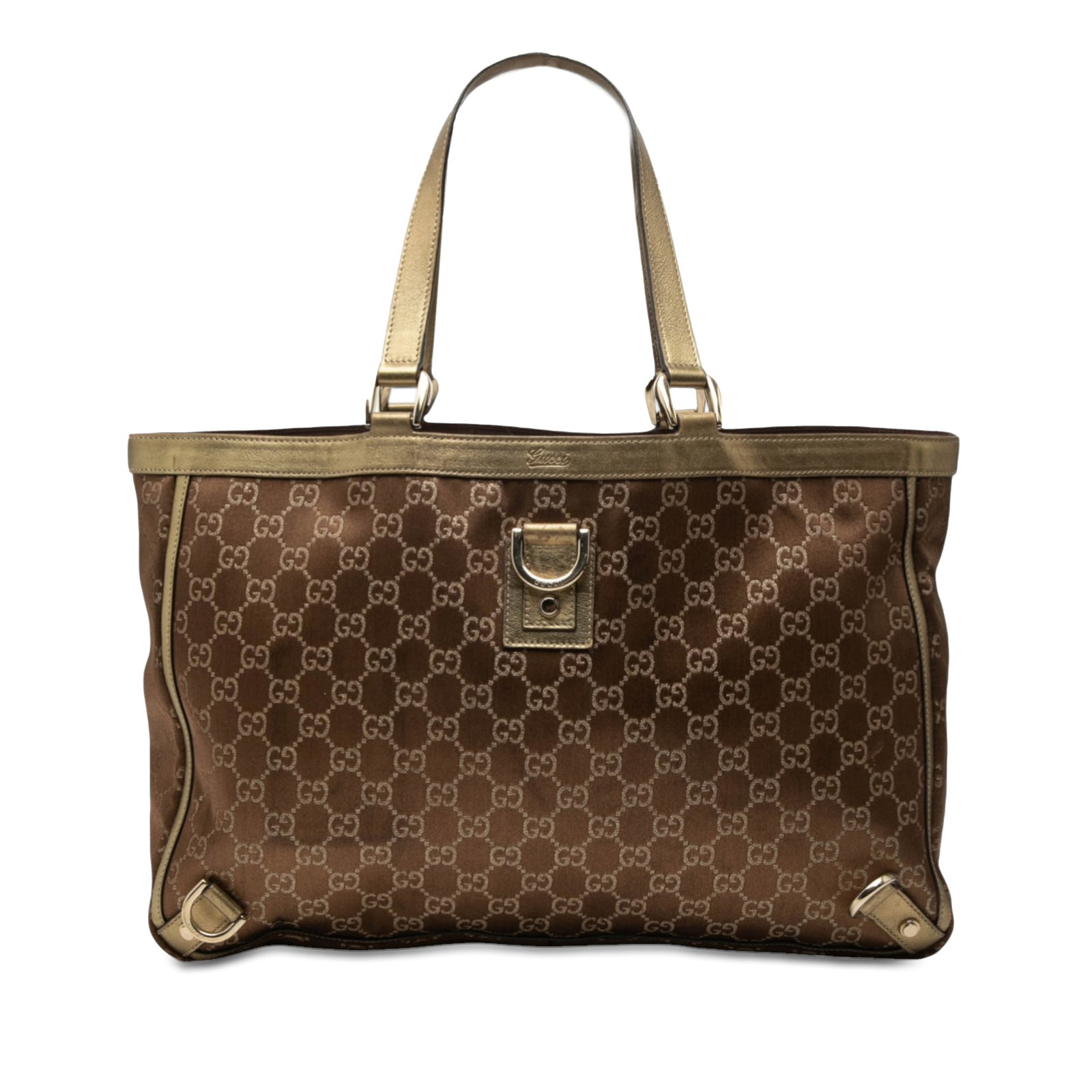Gucci Abbey D-Ring Tote Bag in Brown Satin with Leather Trim: Gucci Abbey D-Ring Tote Bag in Brown Satin with Leather Trim This Gucci GG Satin Abbey D Ring Tote features a satin body with leather trim, flat leather straps, an open top with a magnetic closure, an