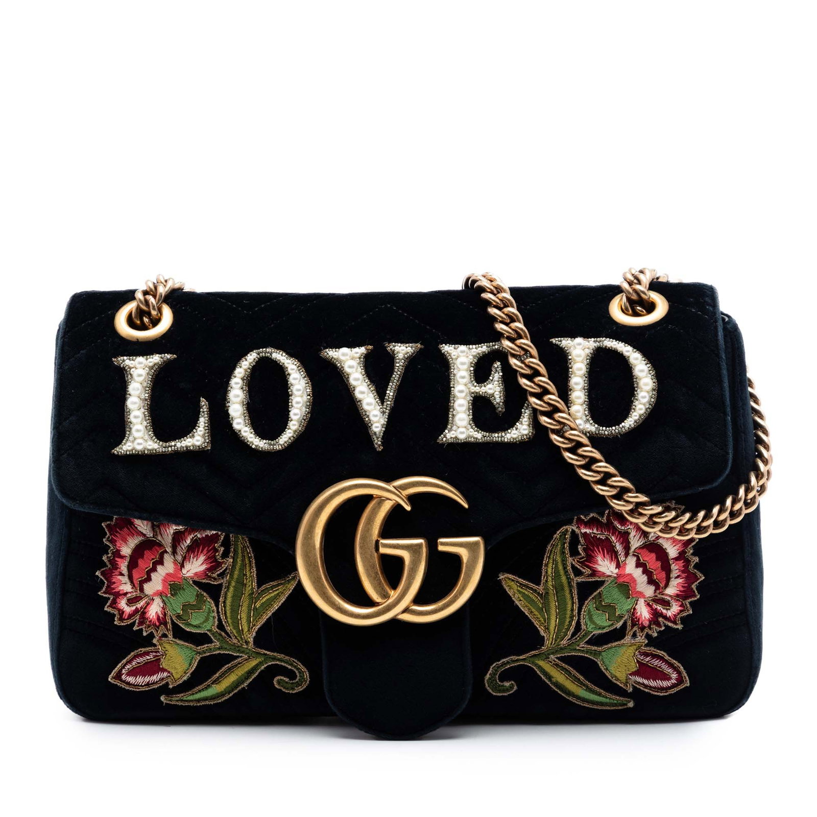 Gucci GG Marmont Large Velvet Shoulder Bag with Loved Embroidery: Gucci GG Marmont Large Velvet Shoulder Bag with Loved Embroidery Large GG Marmont Matelasse shoulder bag in black embroidered quilted velvet with a front flap and push lock closure. The design include
