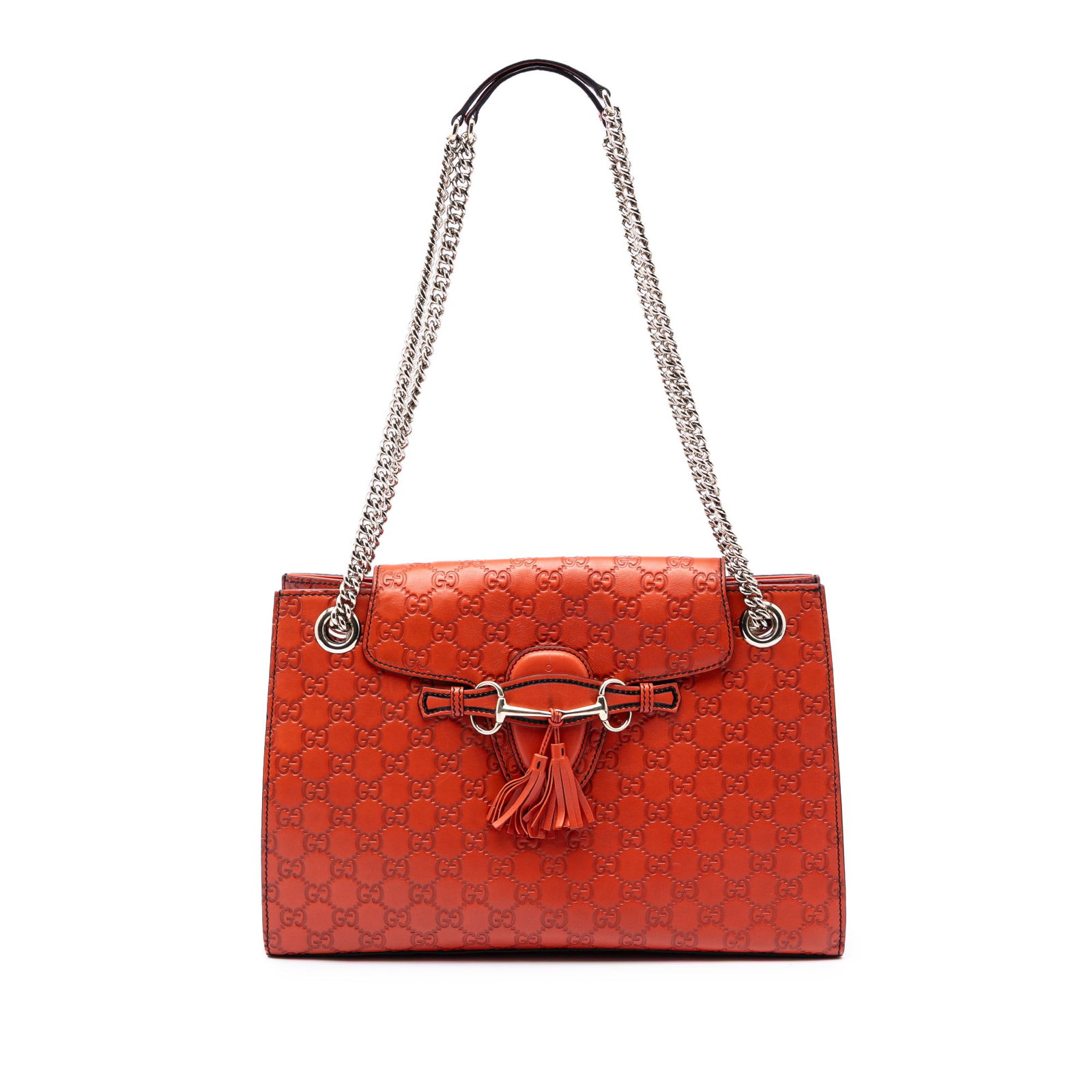Gucci Emily Orange Embossed Leather Shoulder Bag: Gucci Emily Orange Embossed Leather Shoulder Bag This Gucci Large Guccissima Emily Shoulder Bag features an embossed leather body in orange, complemented by chain link straps with flat leather shoulde