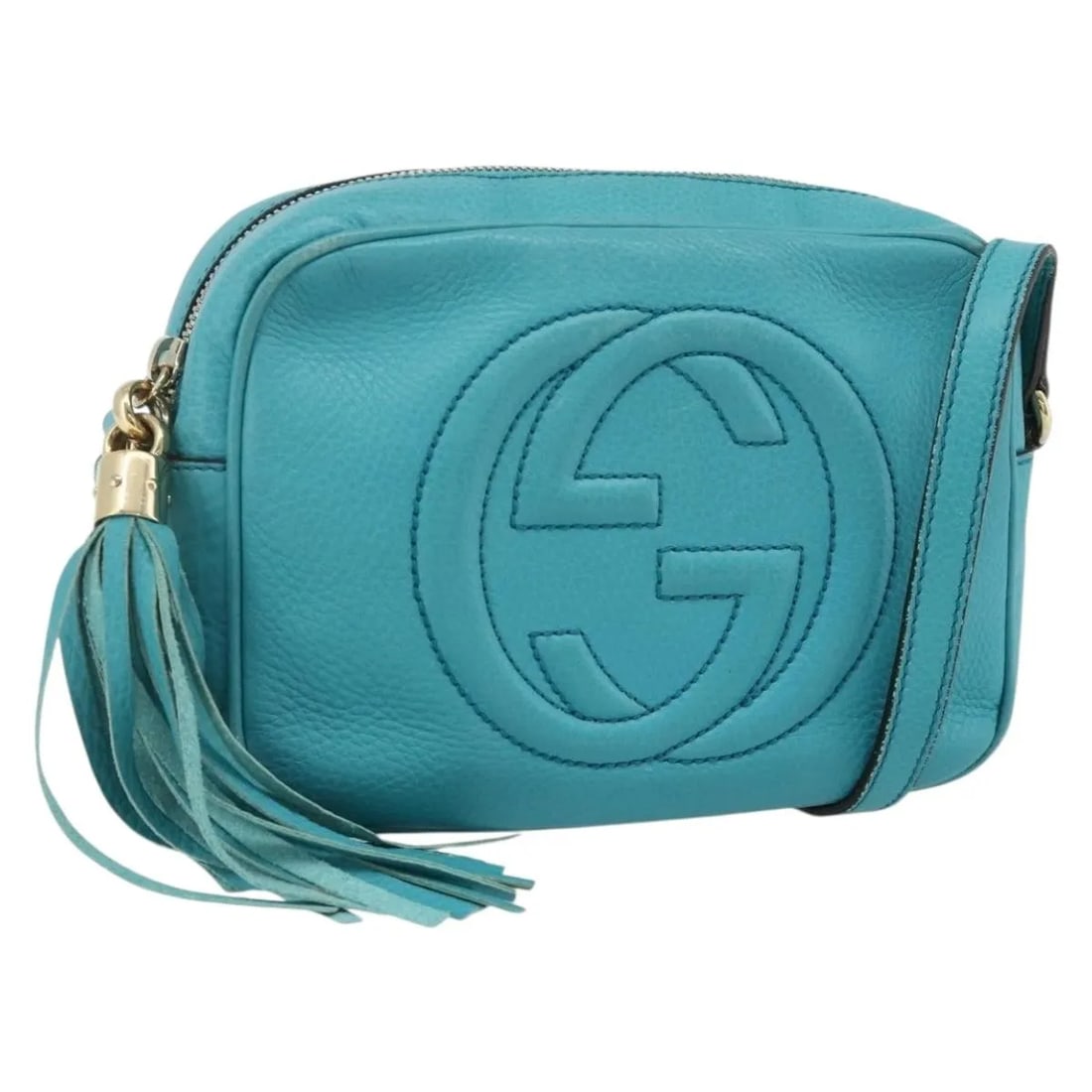 Gucci Soho Disco blue leather shoulder bag: Gucci Soho Disco blue leather shoulder bag Gucci Soho Disco leather bag in blue, designed for female use. It is made in Italy and measures 20 cm x 14 cm x 7 cm. The bag is described as worn with visib