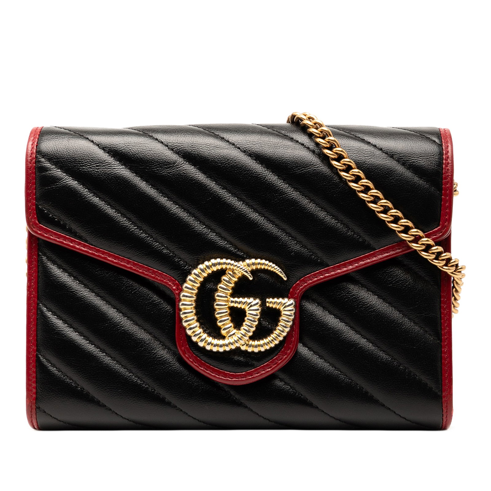 Gucci GG Marmont Black Leather Wallet On Chain with Gold Chain: Gucci GG Marmont Black Leather Wallet On Chain with Gold Chain This Gucci GG Marmont Matelasse Leather Torchon Wallet On Chain is a stylish accessory crafted from quilted black leather. It features a 