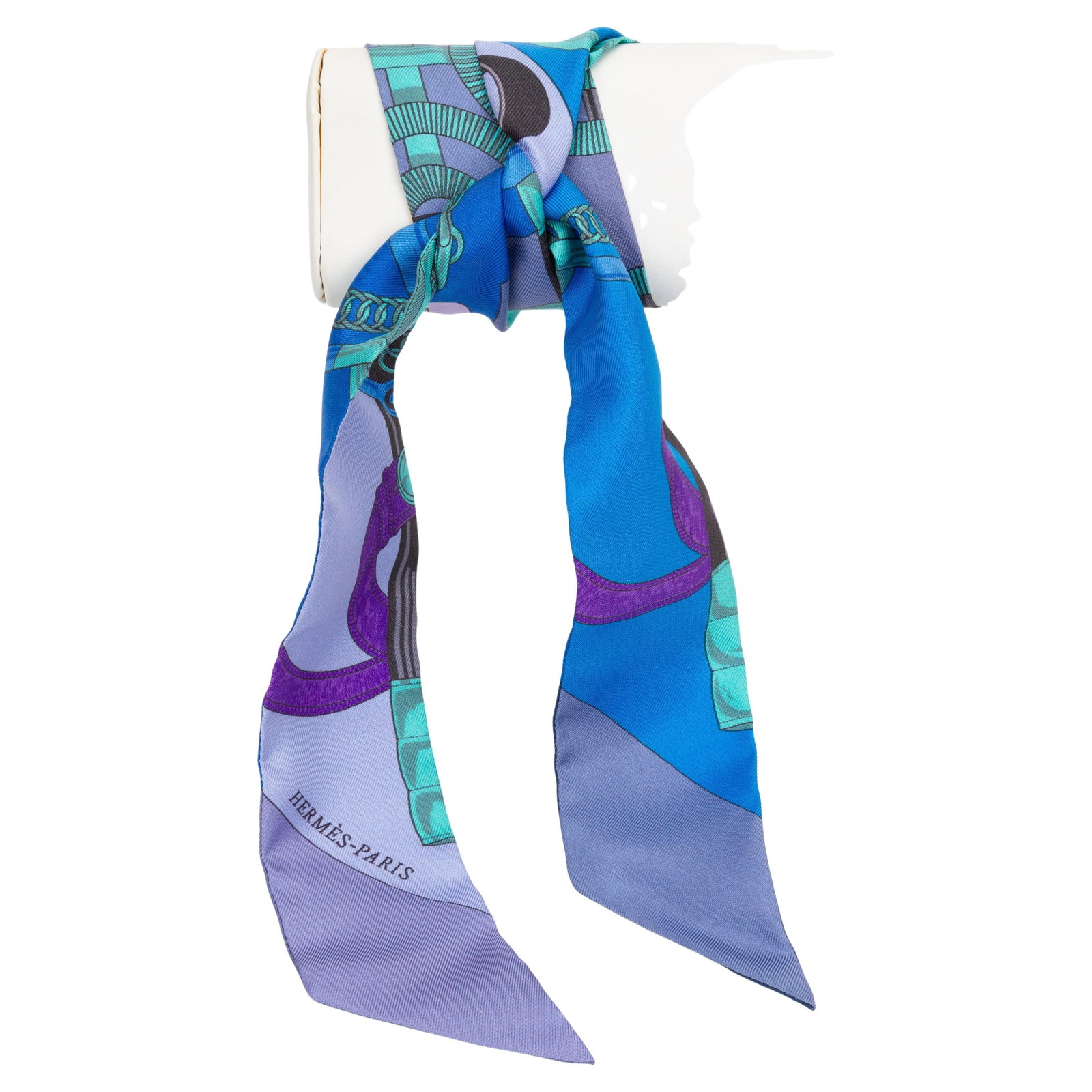 Hermes Eperon D Silk Twilly 100% Silk France 34 in: Hermes Eperon D Silk Twilly 100% Silk France 34 in Elevate your accessory game with the Hermes "Eperon D" Silk Twilly. Crafted from 100% silk, this exquisite piece showcases a vibrant design featuring