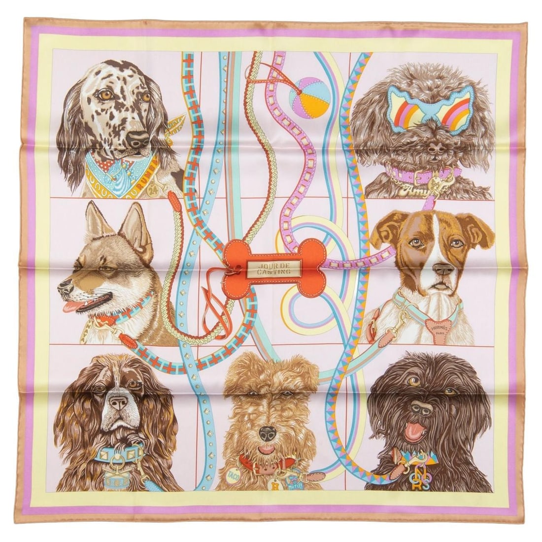 Hermes Jour de Casting 70 silk scarf with box and ribbon: Hermes Jour de Casting 70 silk scarf with box and ribbon Hermes "Jour de Casting" scarf in 100% silk with hand-rolled edges. Designed by Liz Stirling, this modern and effortless scarf offers versatile