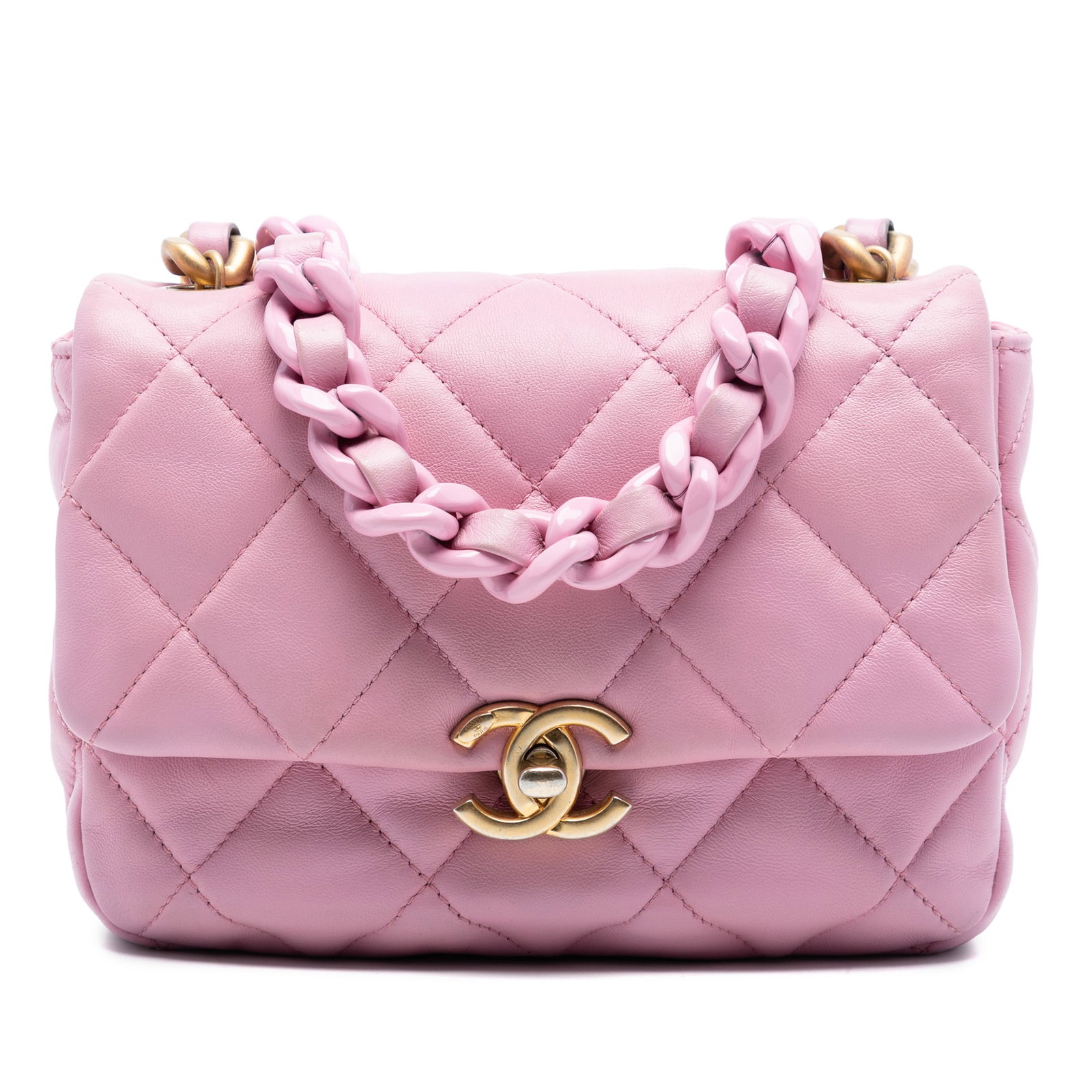 Chanel Mini Candy Chain Pink Lambskin Quilted Flap Bag: Chanel Mini Candy Chain Pink Lambskin Quilted Flap Bag This Chanel Mini Quilted Lambskin Candy Chain Flap bag features a quilted lambskin leather body with a vibrant pink hue, a leather-woven lacquere