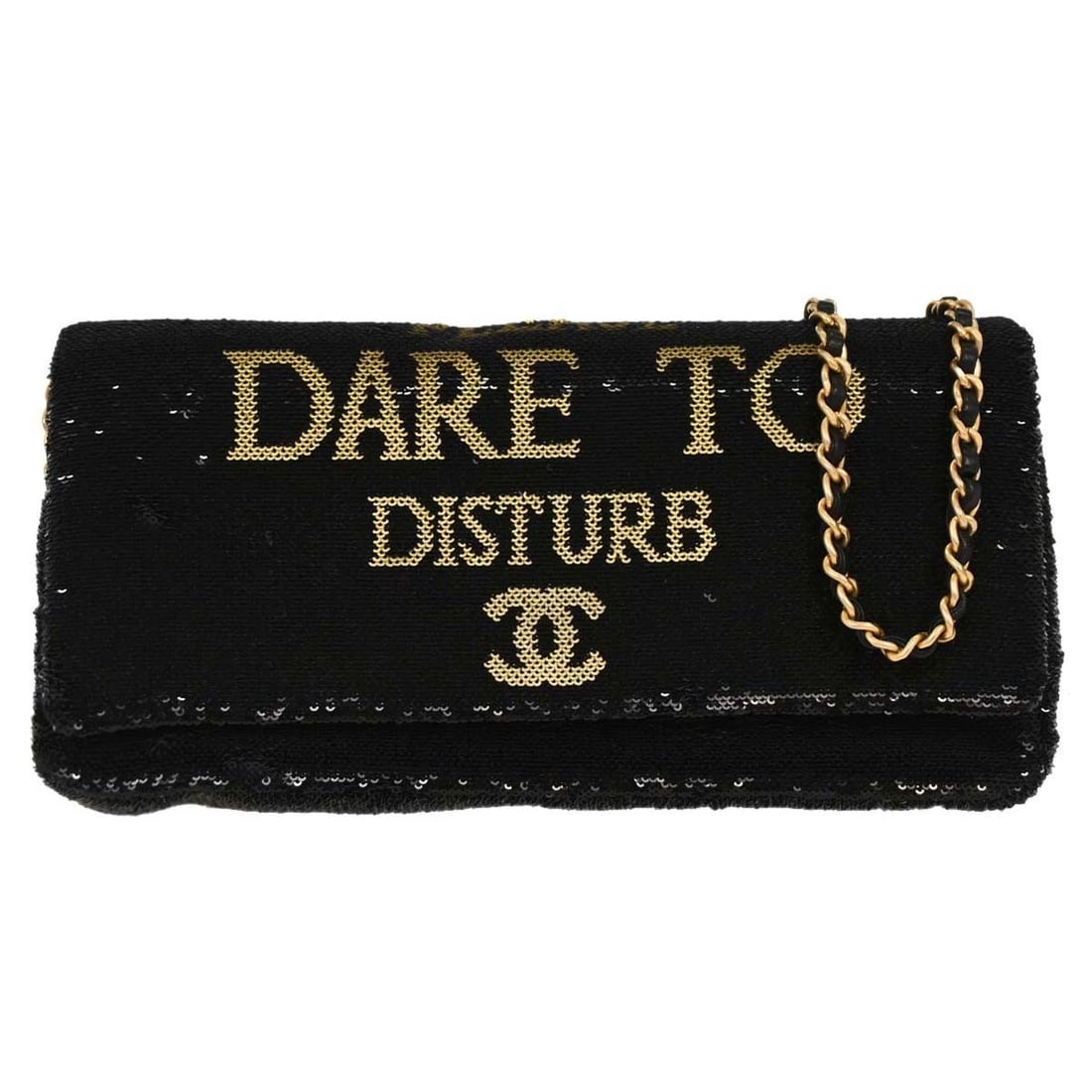 CHANEL black leather sequin shoulder bag with chain strap: CHANEL black leather sequin shoulder bag with chain strap Chanel Dare To Disturb shoulder bag in black leather with sequined detailing and logo accents. This medium shoulder bag features a magnetic cl