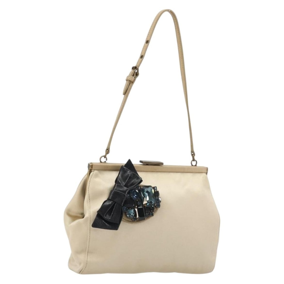 Miu Miu Satin Accessory Pouch in Champagne Gold: Miu Miu Satin Accessory Pouch in Champagne Gold Miu Miu accessory pouch in champagne gold satin, made in Italy. The item is offered in condition B with reasonable wear and tear, and shows noted surfac