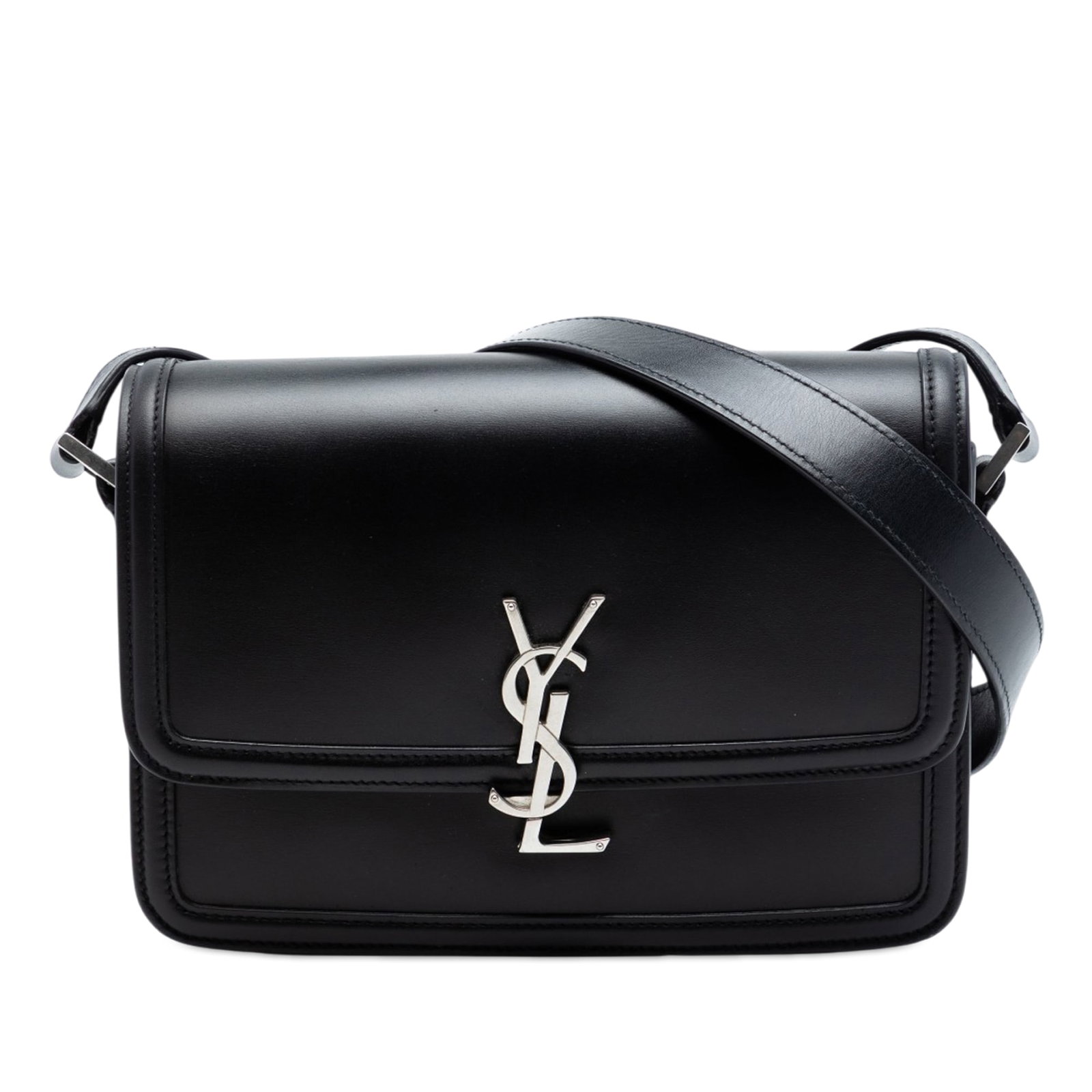 Saint Laurent Solferino black leather satchel medium size: Saint Laurent Solferino black leather satchel medium size This Saint Laurent Medium Calfskin Solferino Satchel features a black leather body with a flap and clasp closure, an adjustable flat leather s