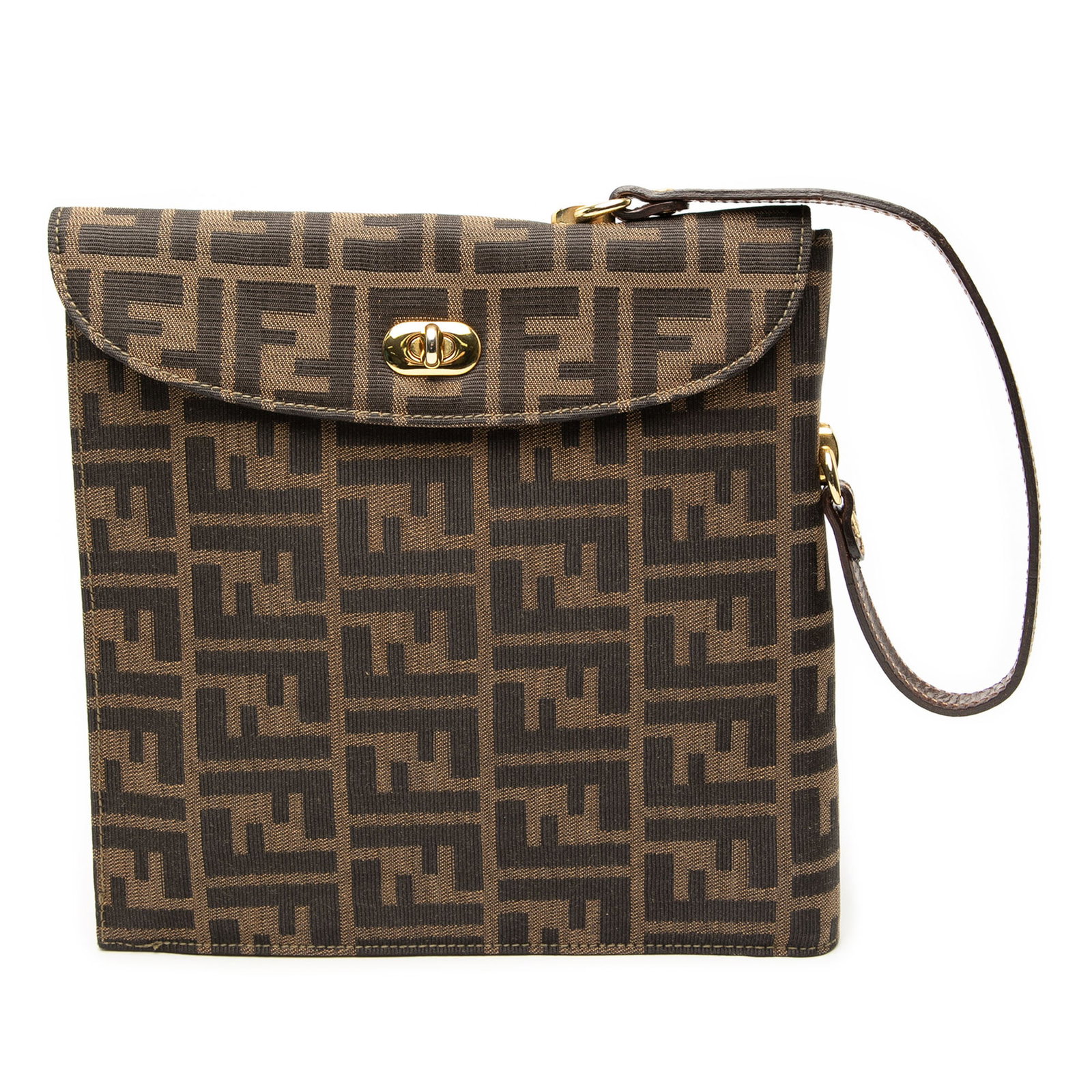 Fendi Brown Canvas Shoulder Bag with Leather Strap and Turn Lock Flaps (1 of 7)