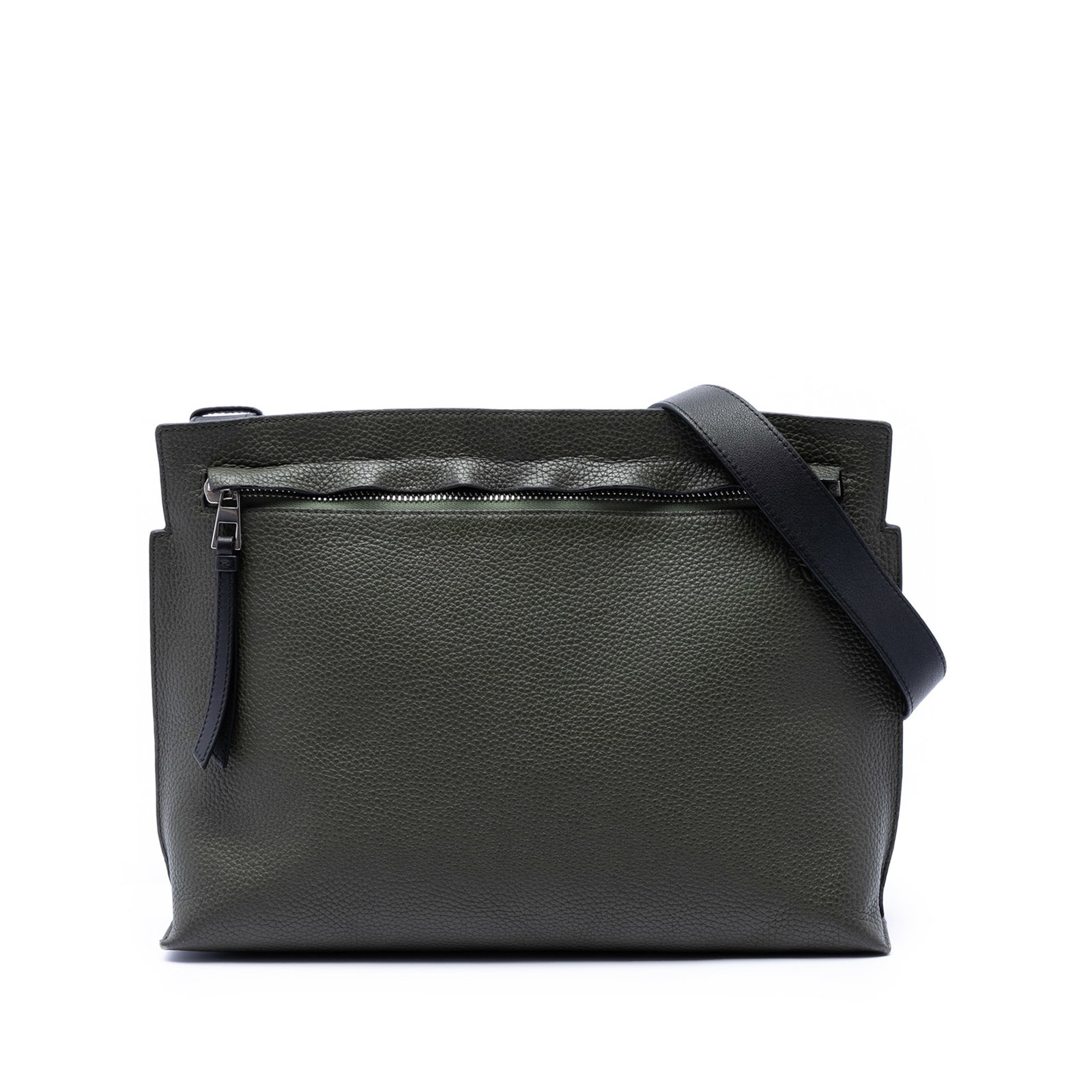 LOEWE Anagram T Pouch Leather Crossbody Bag Green: LOEWE Anagram T Pouch Leather Crossbody Bag Green Leather crossbody bag in green with an adjustable flat leather strap, front zip closure, and an exterior back slip pocket. It is made in Spain and ide