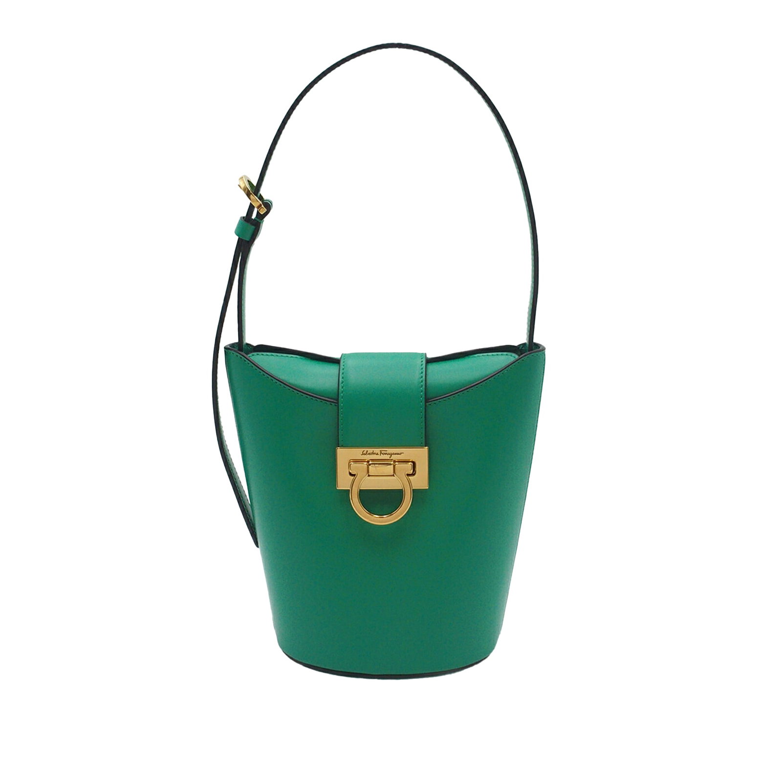 Ferragamo Trifolio green leather shoulder bag: Ferragamo Trifolio green leather shoulder bag This Ferragamo Small Leather Trifolio Shoulder Bag features a green leather body with an adjustable flat leather strap, a fold-over top secured by a strap
