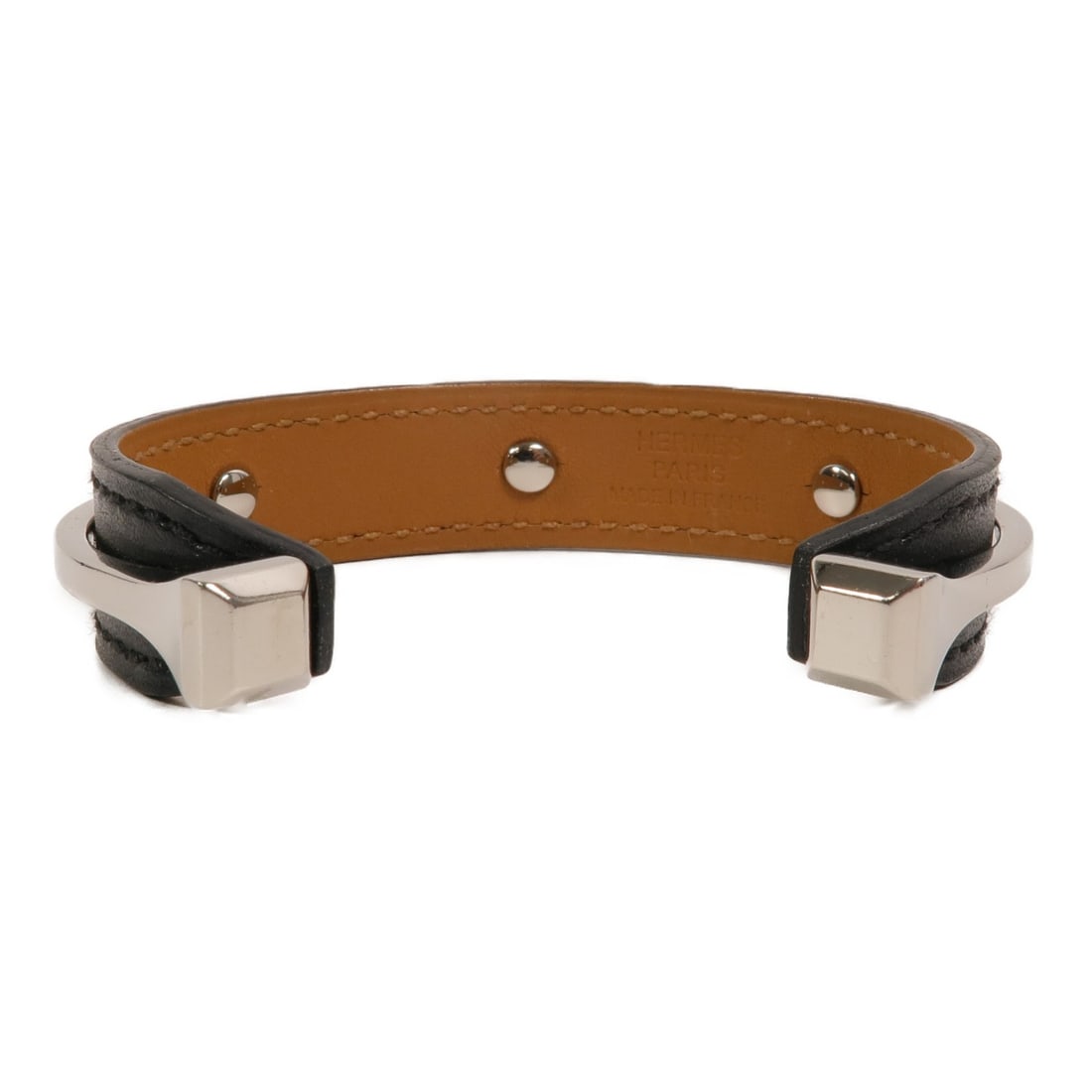 Hermes Kou R open cuff bangle noir box calf leather PHW (1 of 9)