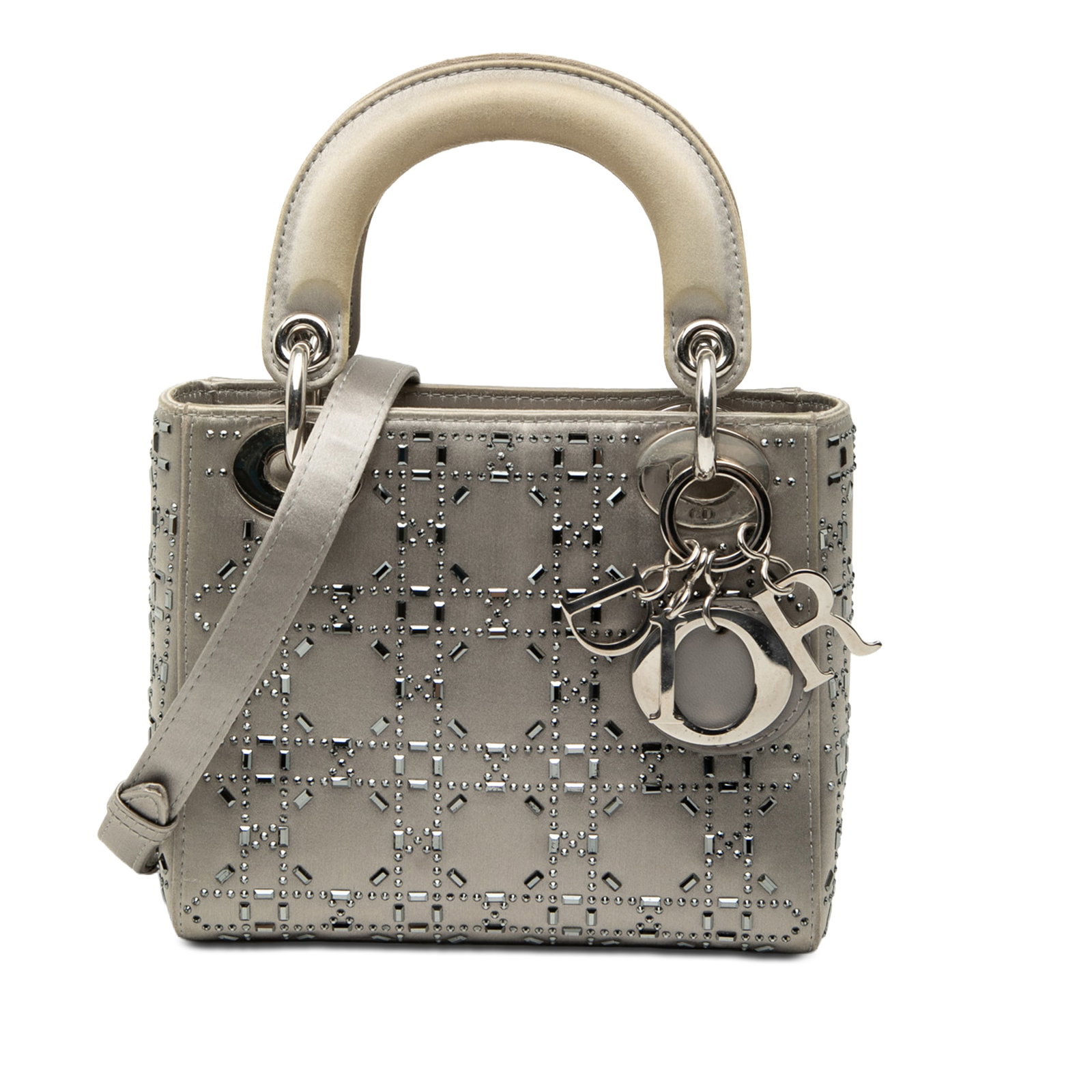 Dior Lady Dior Mini Gray Satin Bag with Crystal Cannage: Dior Lady Dior Mini Gray Satin Bag with Crystal Cannage This Mini Lady Dior bag is crafted in gray satin with Cannage quilting and crystal embellishments. It features flat satin handles, a detachable 