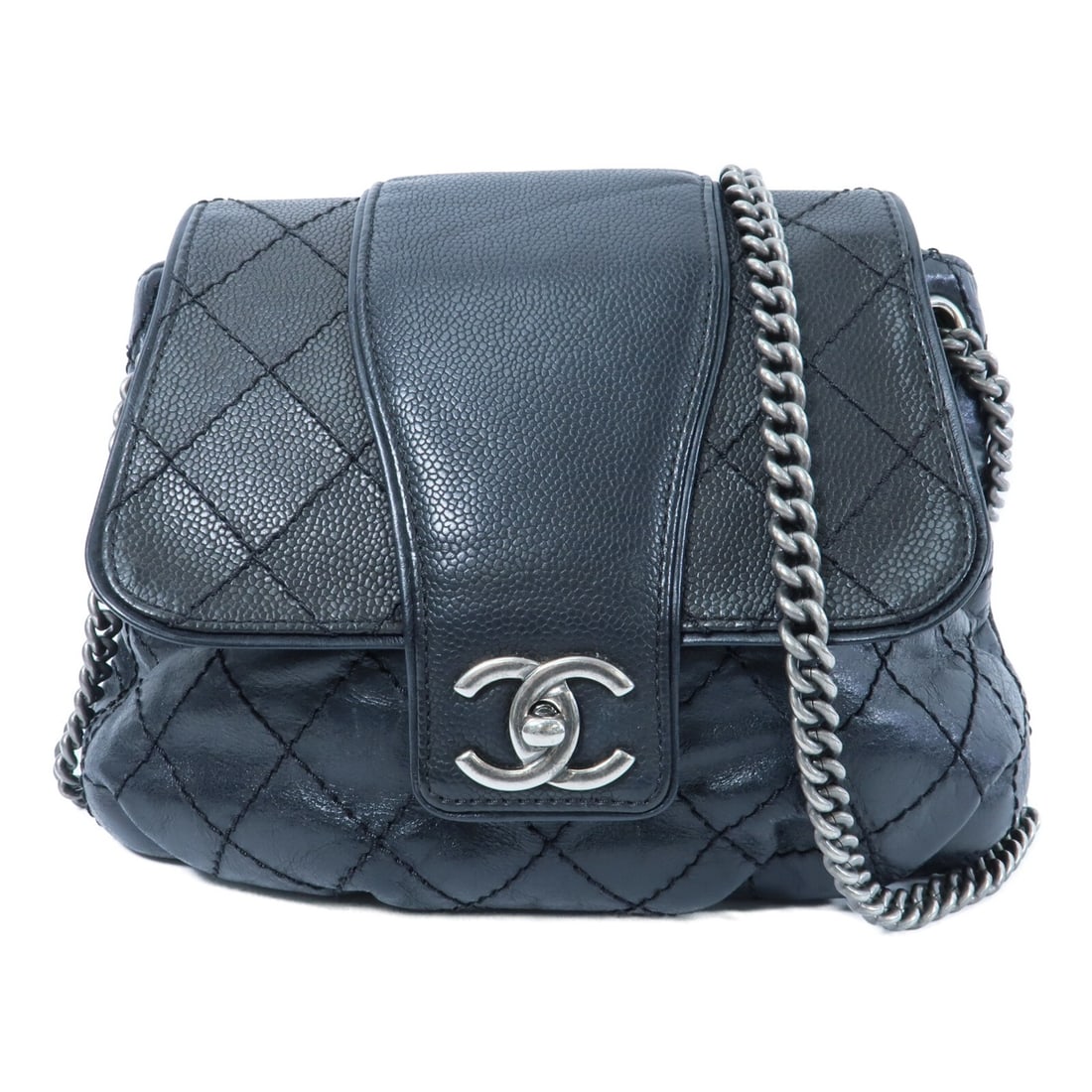 CHANEL CC Shoulder Bag Black Calfskin Leather with Silver Tone Chain: CHANEL CC Shoulder Bag Black Calfskin Leather with Silver Tone Chain A CHANEL CC SHW chain shoulder bag in black calfskin leather. It features a turn lock closure, one outside open pocket, one inside 