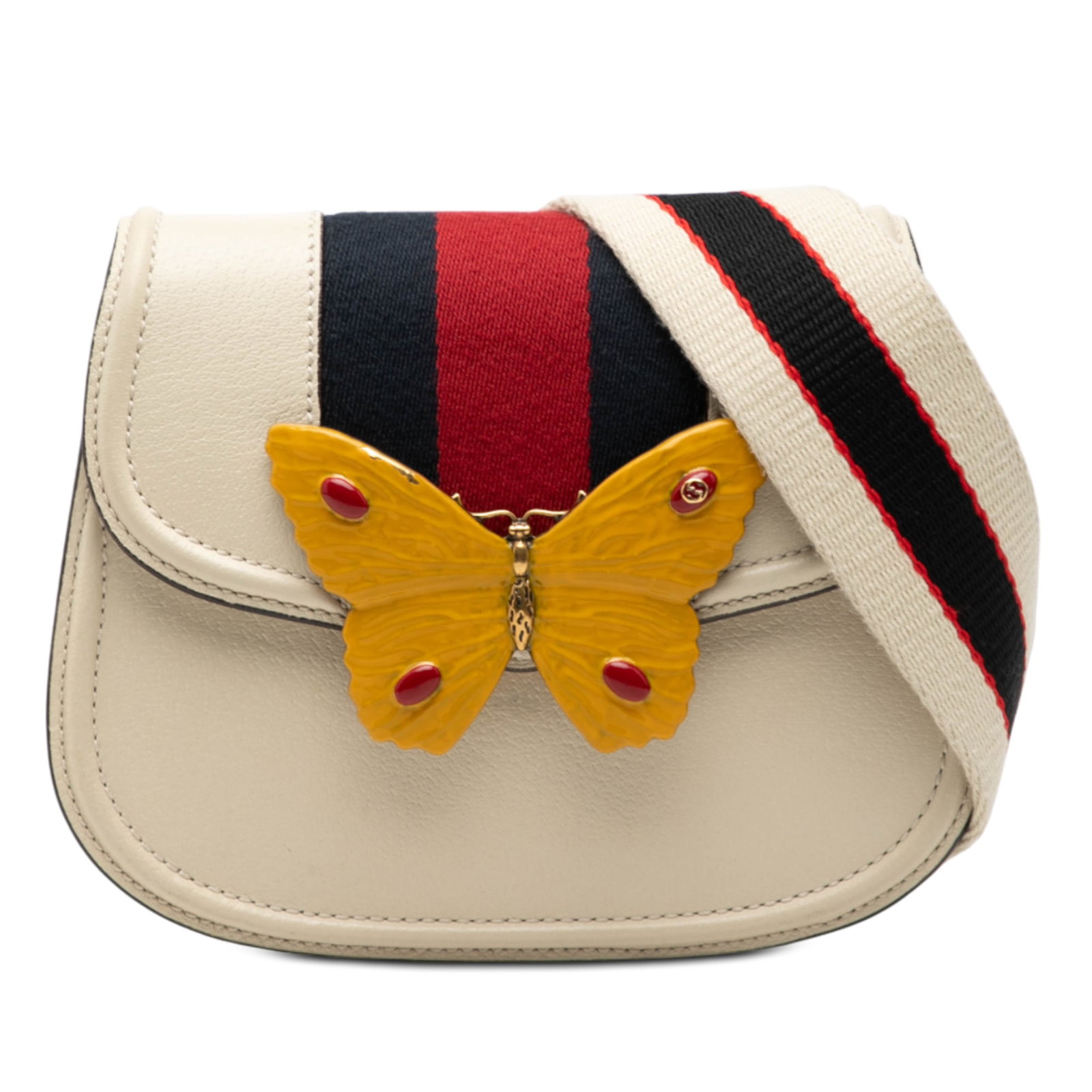 Gucci Butterfly Crystal Embellished Web Leather Small Crossbody Bag: Gucci Butterfly Crystal Embellished Web Leather Small Crossbody Bag This Gucci Small Calfskin Web Linea Butterfly Totem Crossbody bag features a leather body with signature web details, a flat nylon s