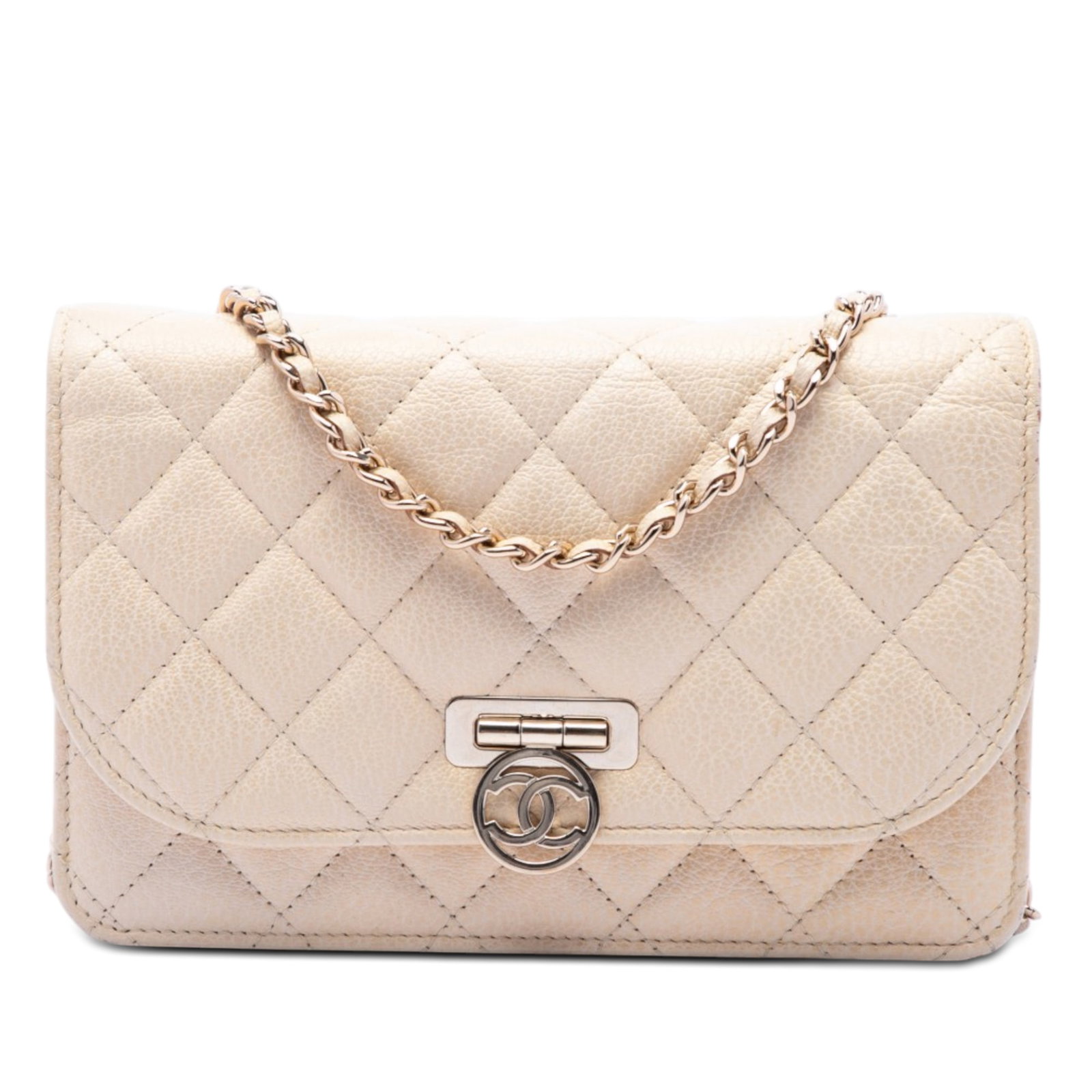 Chanel Round CC Wallet on Chain Quilted Beige Calfskin Crossbody: Chanel Round CC Wallet on Chain Quilted Beige Calfskin Crossbody Chanel Round CC Quilted Calfskin Flip Lock Wallet On Chain crossbody bag in beige. It features a caviar leather body, a leather-woven c
