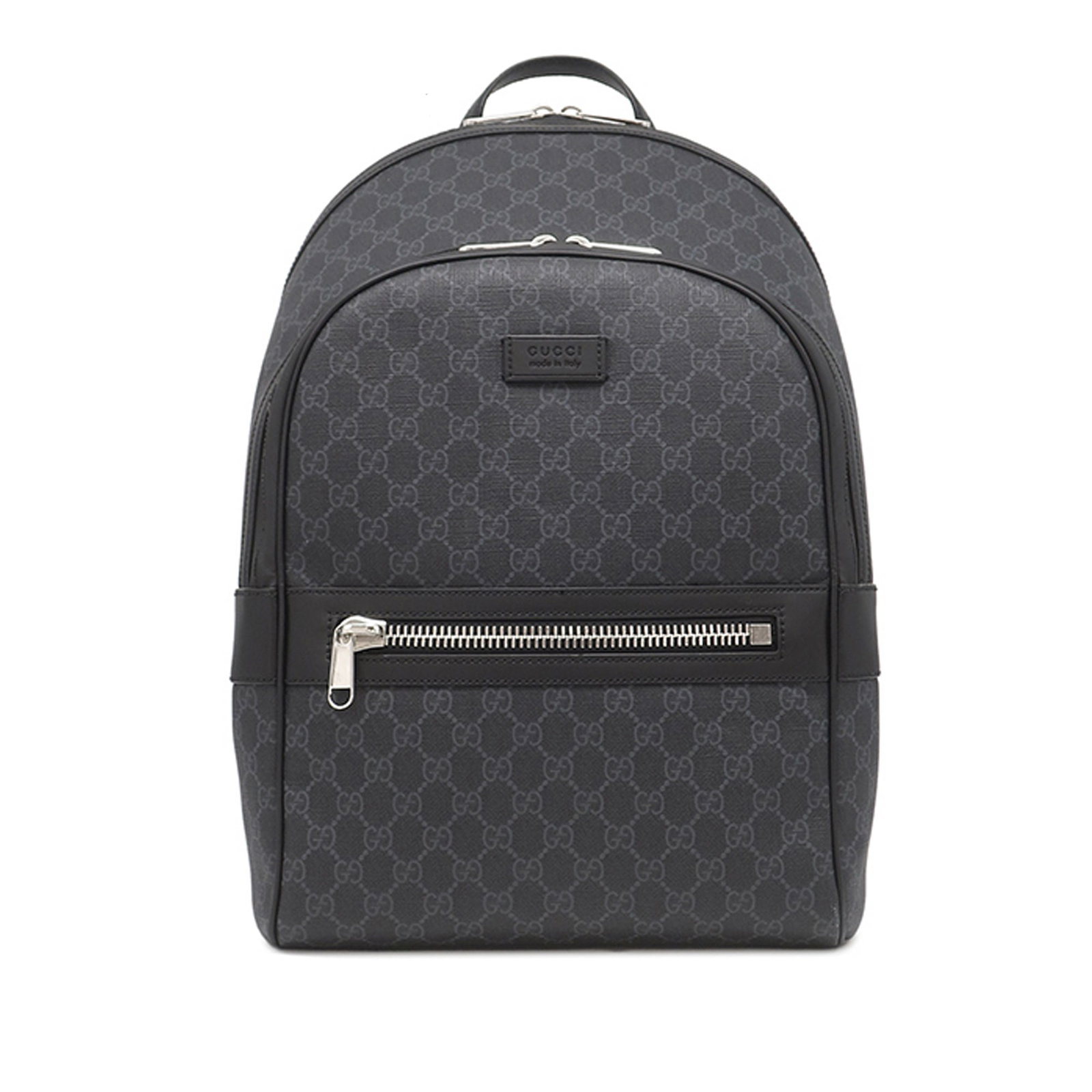 Gucci GG Supreme Web Coated Canvas Backpack Black: Gucci GG Supreme Web Coated Canvas Backpack Black Gucci GG Supreme Web Backpack in black, made with a coated canvas body and leather trim. It features a flat leather top handle, adjustable flat back s