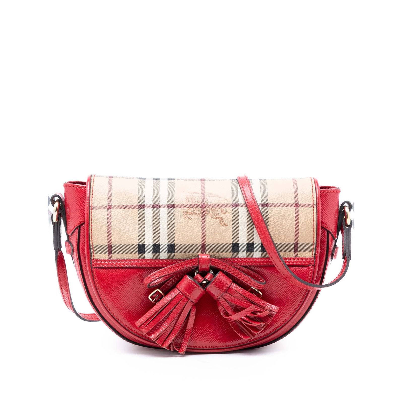 Burberry Maydown Red Patent Check Crossbody Bag: Burberry Maydown Red Patent Check Crossbody Bag This Burberry Maydown crossbody bag showcases a combination of patent leather and coated canvas in the iconic Haymarket Check pattern. It features an ad