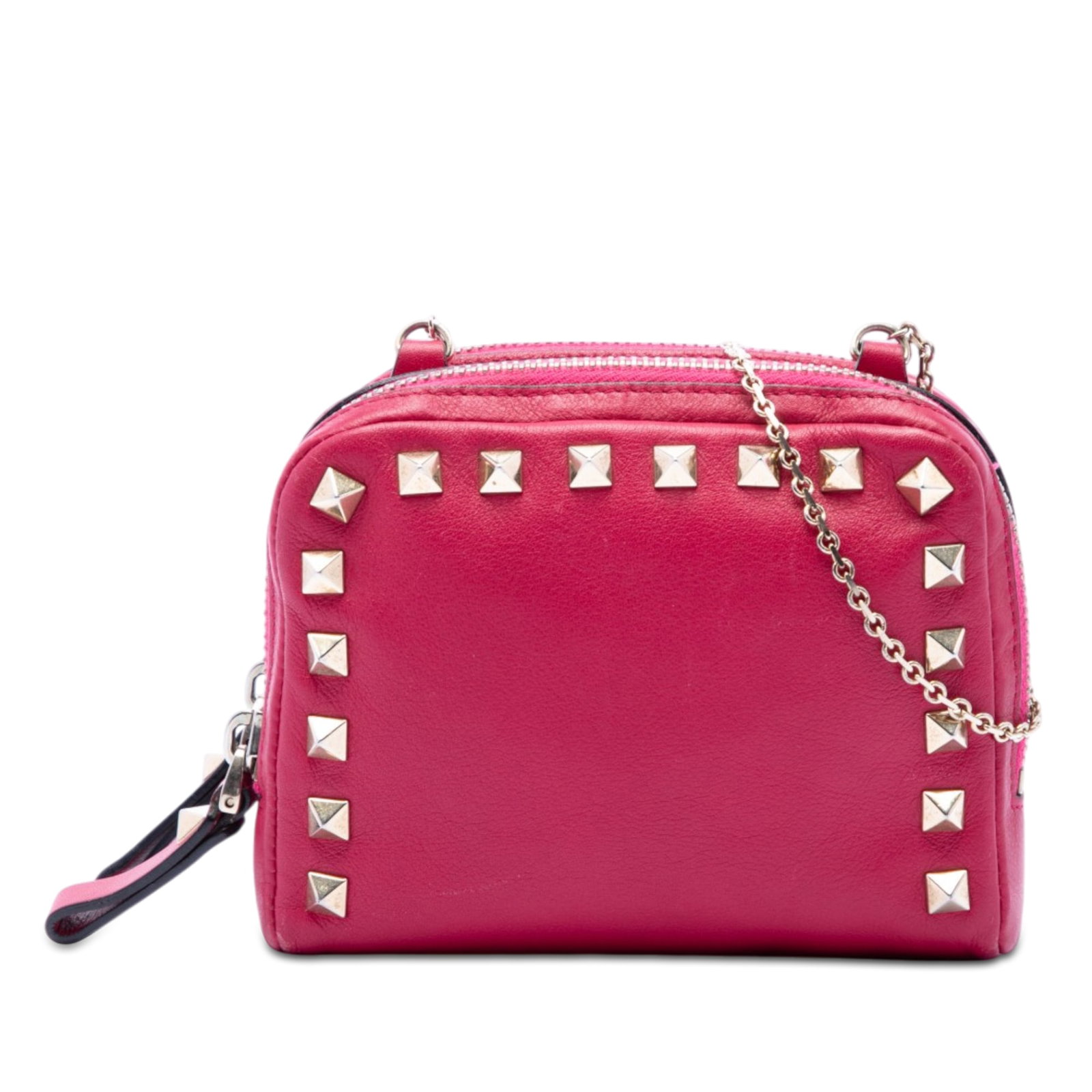 Valentino Rockstud Leather Crossbody Bag with Chain Strap Pink: Valentino Rockstud Leather Crossbody Bag with Chain Strap Pink Valentino Rockstud double zip crossbody bag in pink leather with a studded exterior, chain link shoulder strap, and dual top zip closures