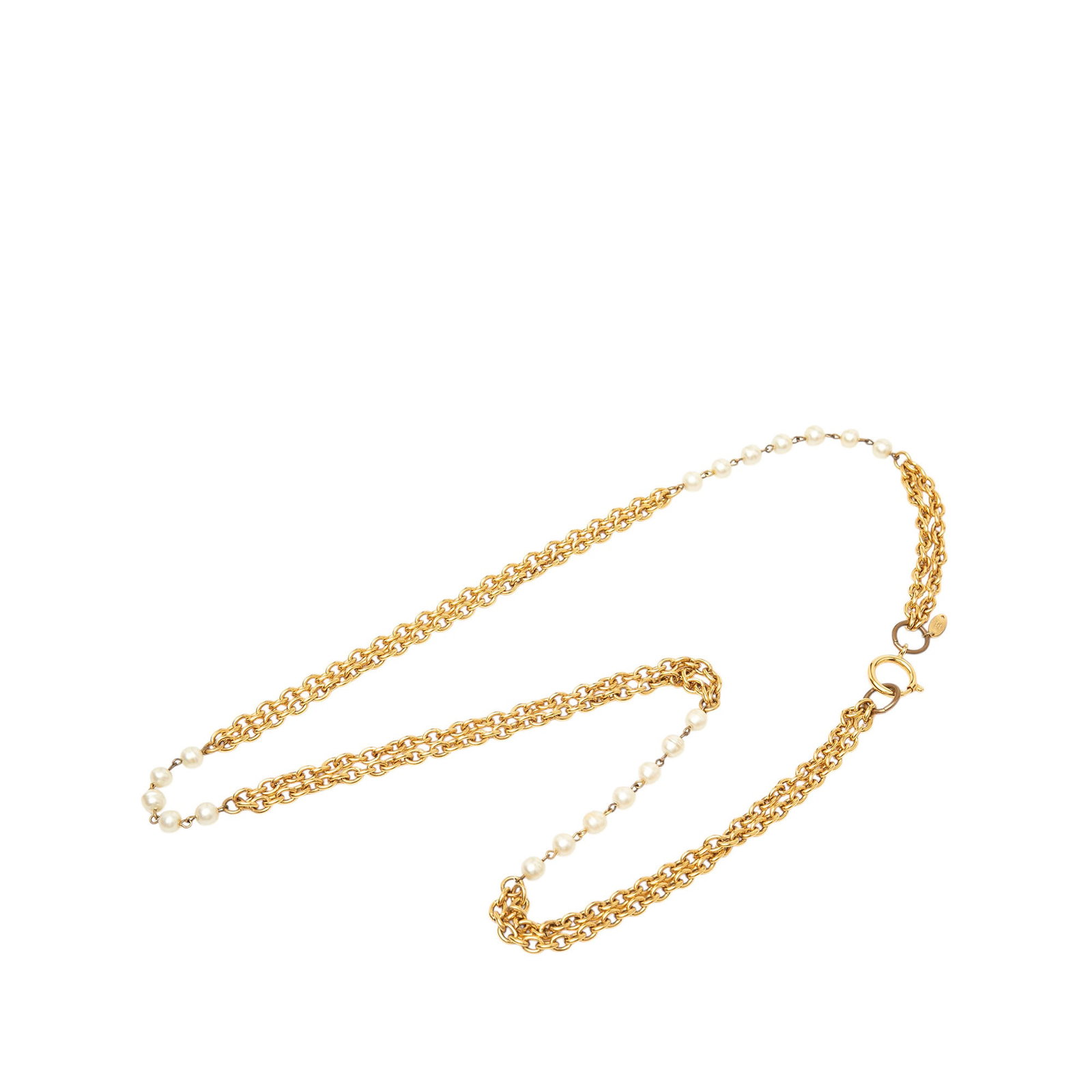 Chanel CC Double Strand Faux Pearl Gold Tone Necklace: Chanel CC Double Strand Faux Pearl Gold Tone Necklace Gold-tone metal Chanel CC double strand necklace with faux pearl details and a spring ring closure. Made in France, this costume piece has a lengt