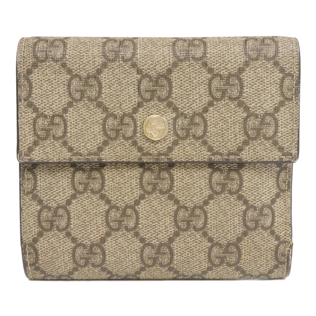 Gucci tri-fold wallet PVC coated canvas brown pink 257310: Gucci tri-fold wallet PVC coated canvas brown pink 257310 This Gucci tri-fold wallet is made from PVC coated canvas in brown and pink. It features a hook button closure, six card slots, and six open p
