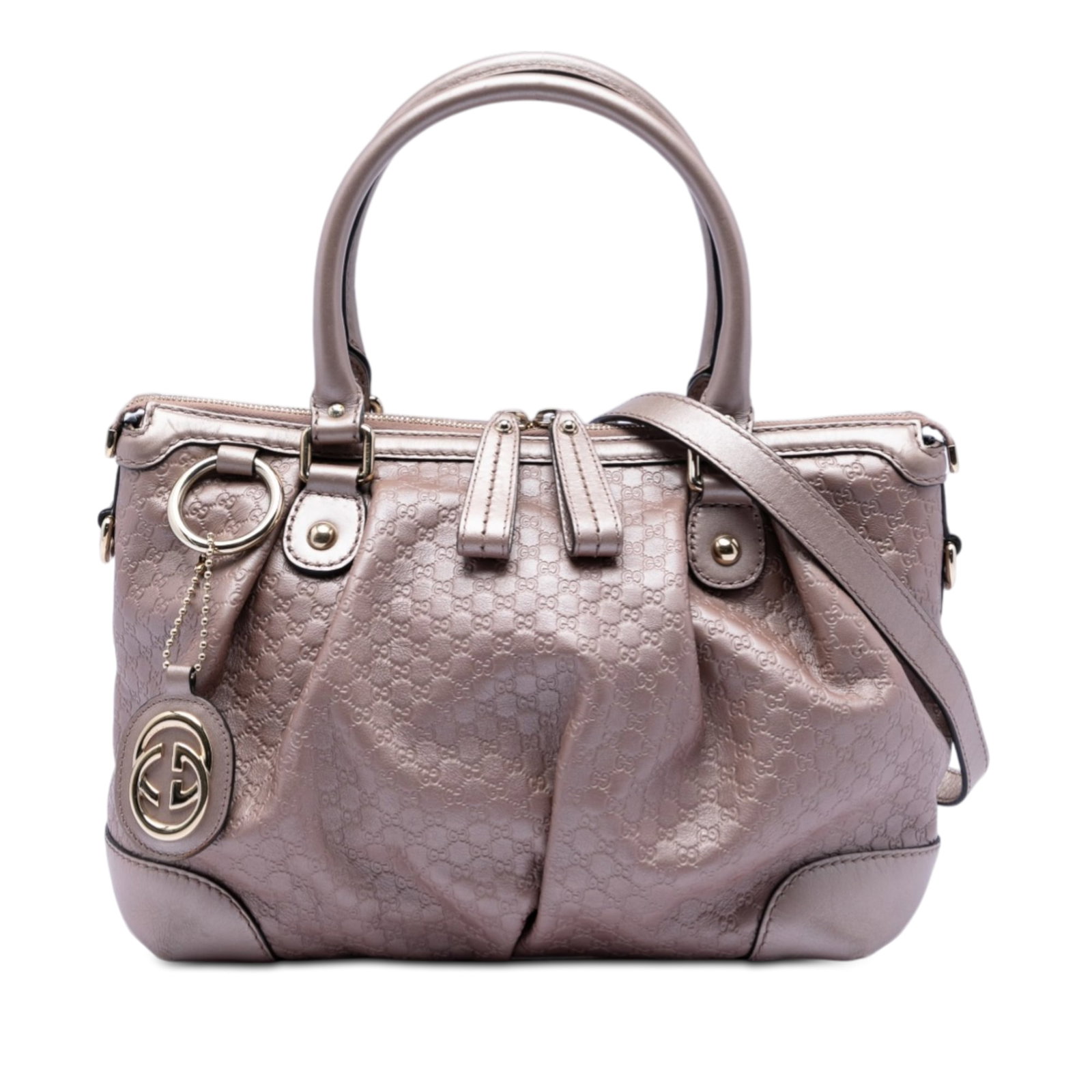 Gucci Sukey Satchel Pink Metallic Microguccissima Leather Handbag: Gucci Sukey Satchel Pink Metallic Microguccissima Leather Handbag This Gucci Metallic Microguccissima Sukey Satchel features a pink leather body with metallic finish, rolled leather handles, a detacha