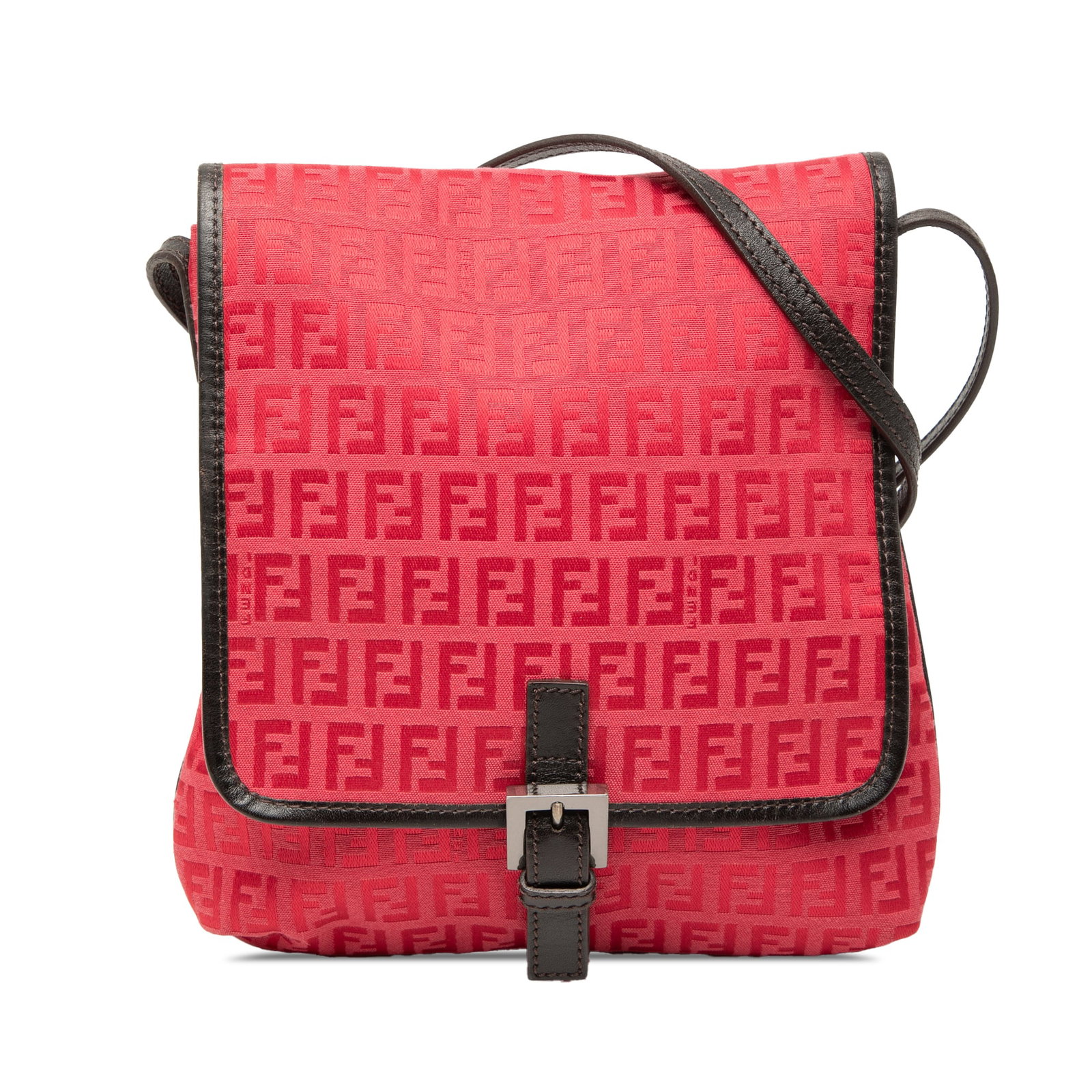 Fendi Zucchino red canvas crossbody bag with leather trim: Fendi Zucchino red canvas crossbody bag with leather trim Fendi Zucchino canvas crossbody bag with leather trim and an adjustable flat leather strap. The design features a front flap with a flat strap