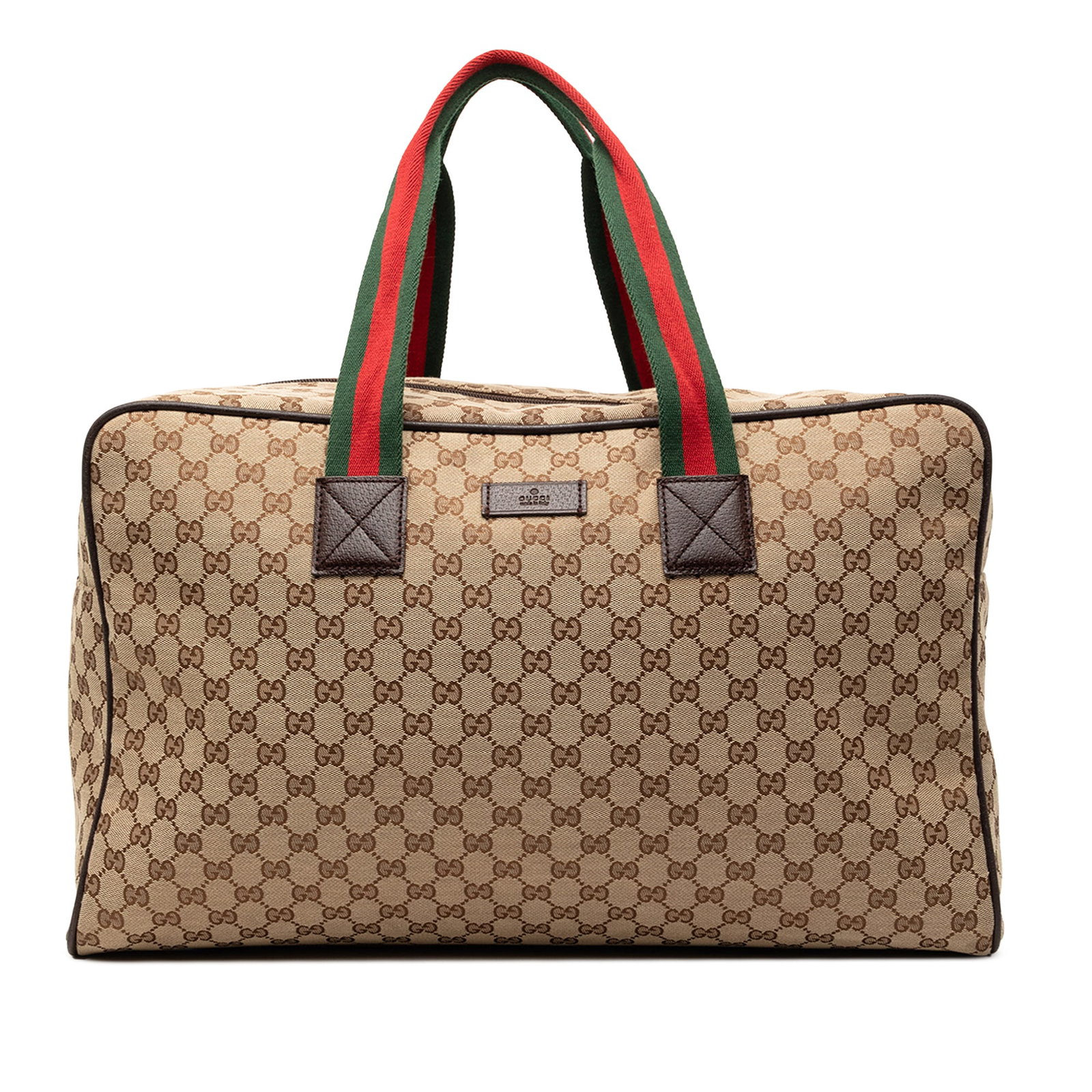 Gucci beige canvas travel tote with web handles: Gucci beige canvas travel tote with web handles This Gucci GG Canvas Web Travel Bag features a beige canvas body with leather trim and signature web detail on the flat handles. It is designed with a t