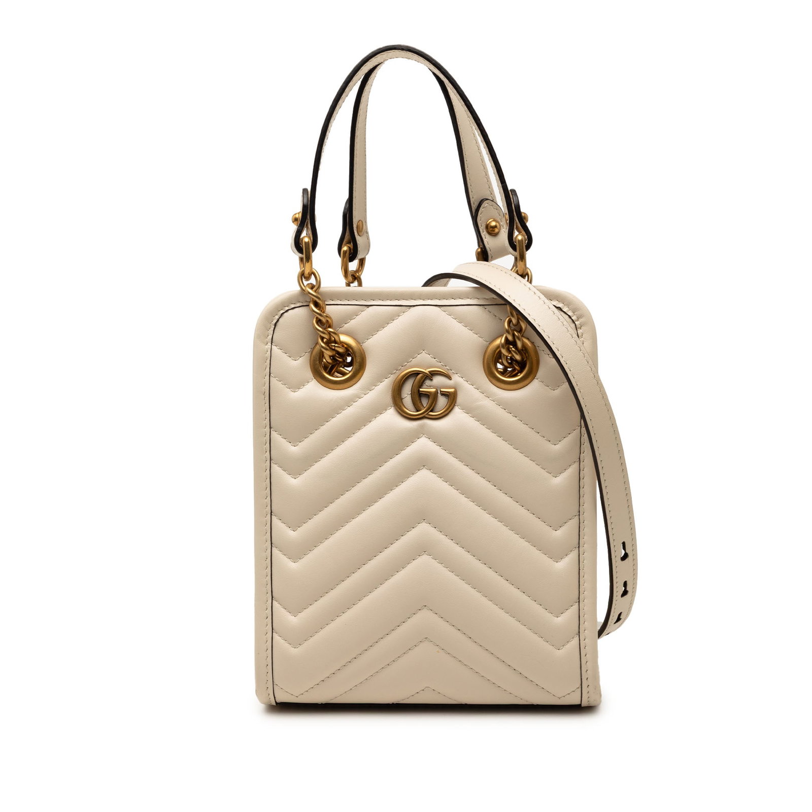 Gucci Mini GG Marmont brown leather satchel: Gucci Mini GG Marmont brown leather satchel This Gucci Mini GG Marmont Matelasse Leather Satchel features a quilted leather body in brown, complemented by chain-link and flat leather handles. It inclu