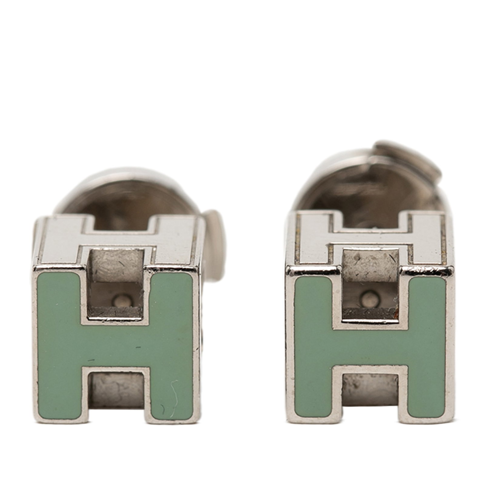 Hermes green enamel cage cube earrings palladium plated push back (1 of 4)