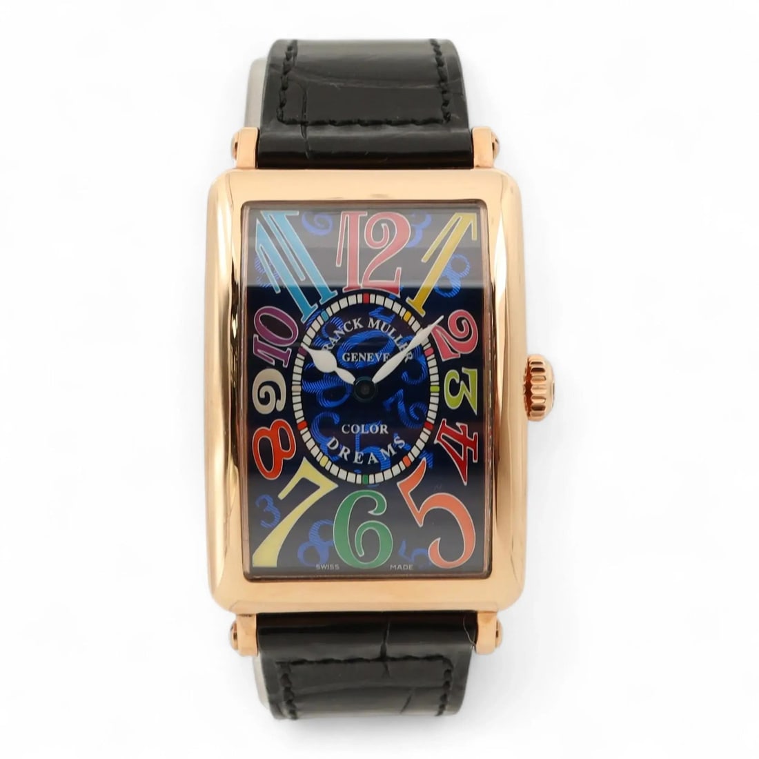Franck Muller Long Island 18K Rose Gold Blue Dial 26 x 36mm Watch: Franck Muller Long Island 18K Rose Gold Blue Dial 26 x 36mm Watch This Franck Muller Long Island wristwatch features a 26mm polished 18K rose gold case with a rectangular shape and a striking blue dia