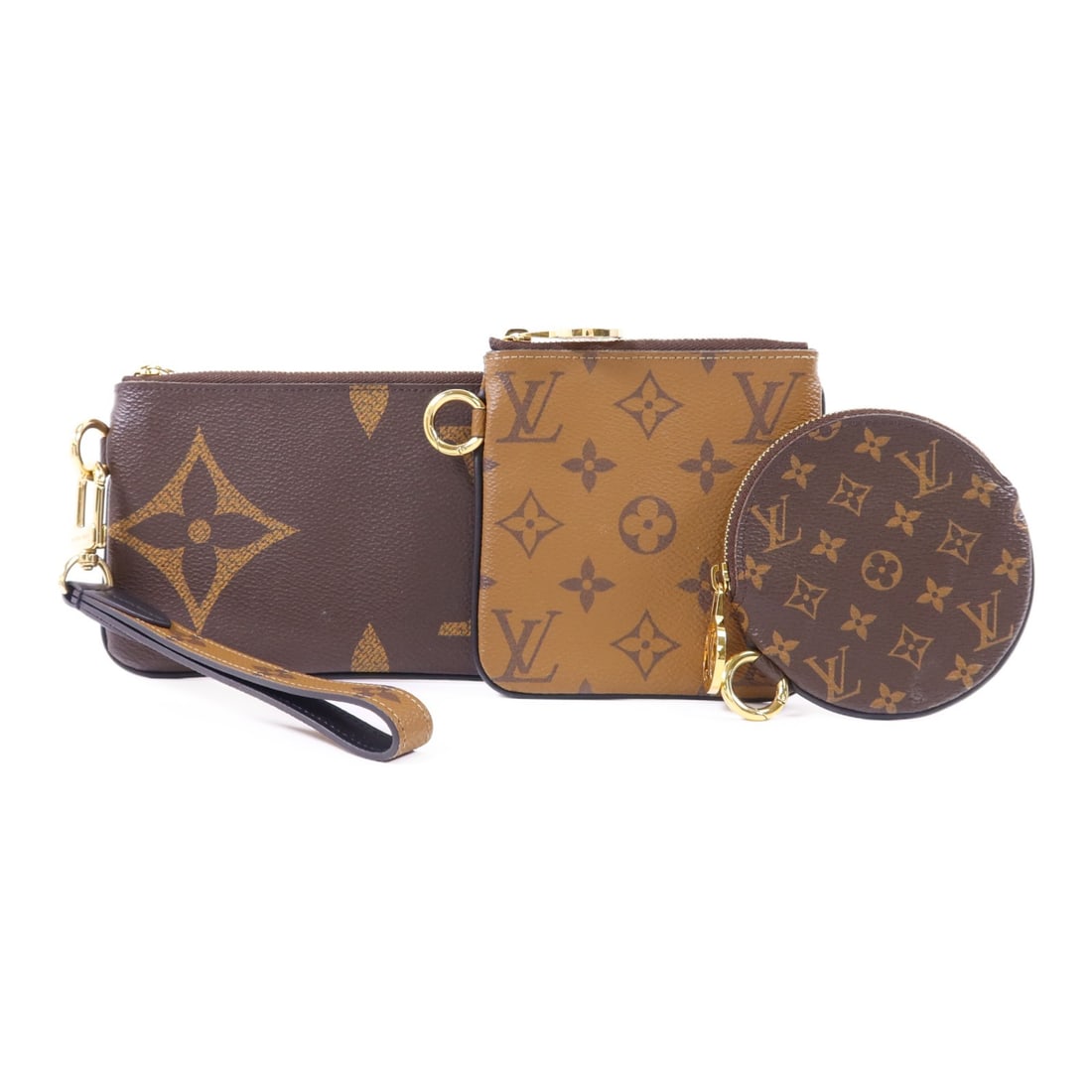 Louis Vuitton M68756 Pochette Trio 3 Pouch Set Monogram Reverse Brown: Louis Vuitton M68756 Pochette Trio 3 Pouch Set Monogram Reverse Brown A Louis Vuitton Pochette Trio Pouch in Brown Monogram Reverse and PVC coated canvas. This regular-size women's pouch set includes 