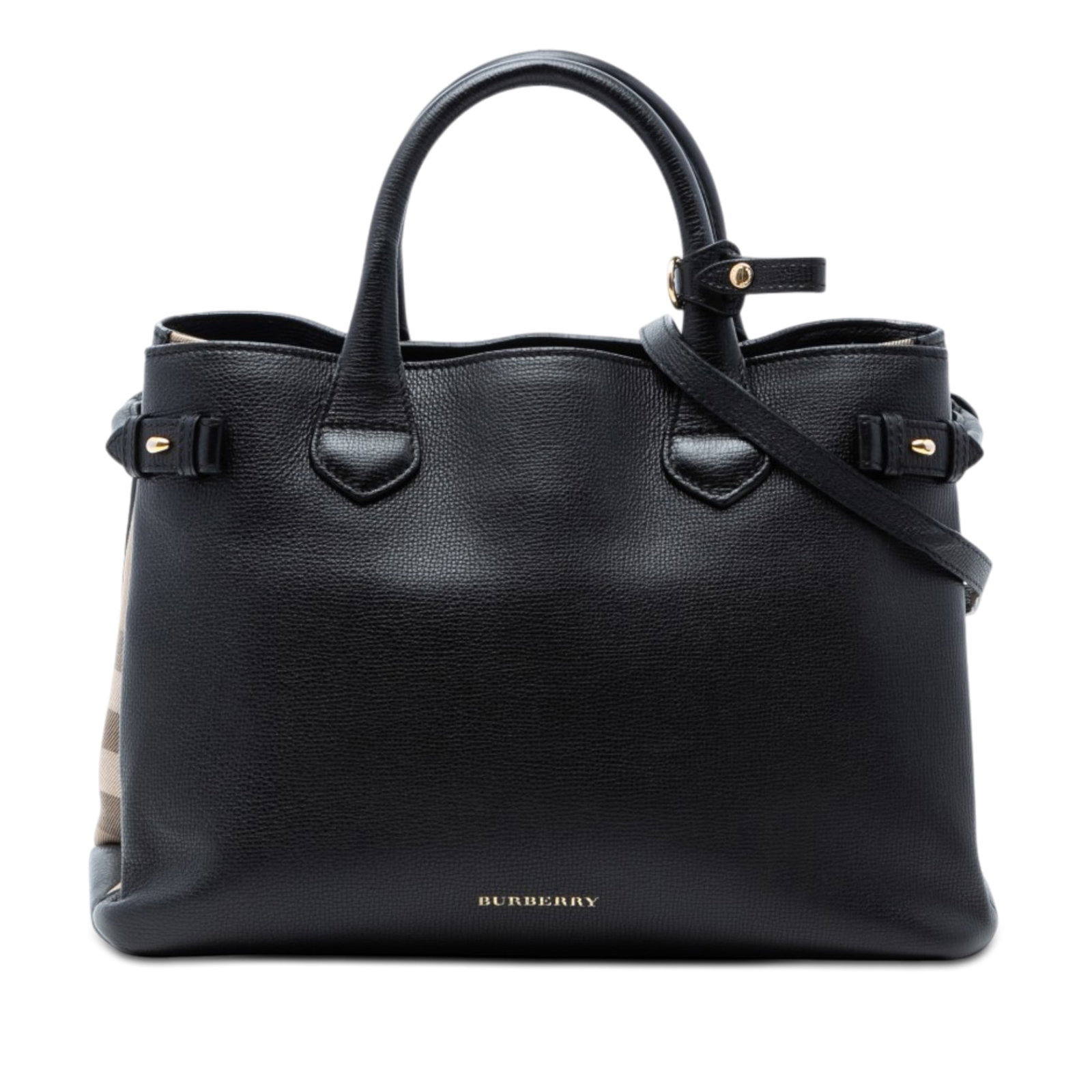 Burberry Banner satchel black leather house check medium: Burberry Banner satchel black leather house check medium This Burberry Medium Leather and House Check Banner Satchel features a leather body with signature canvas trim, rolled leather handles, and an 