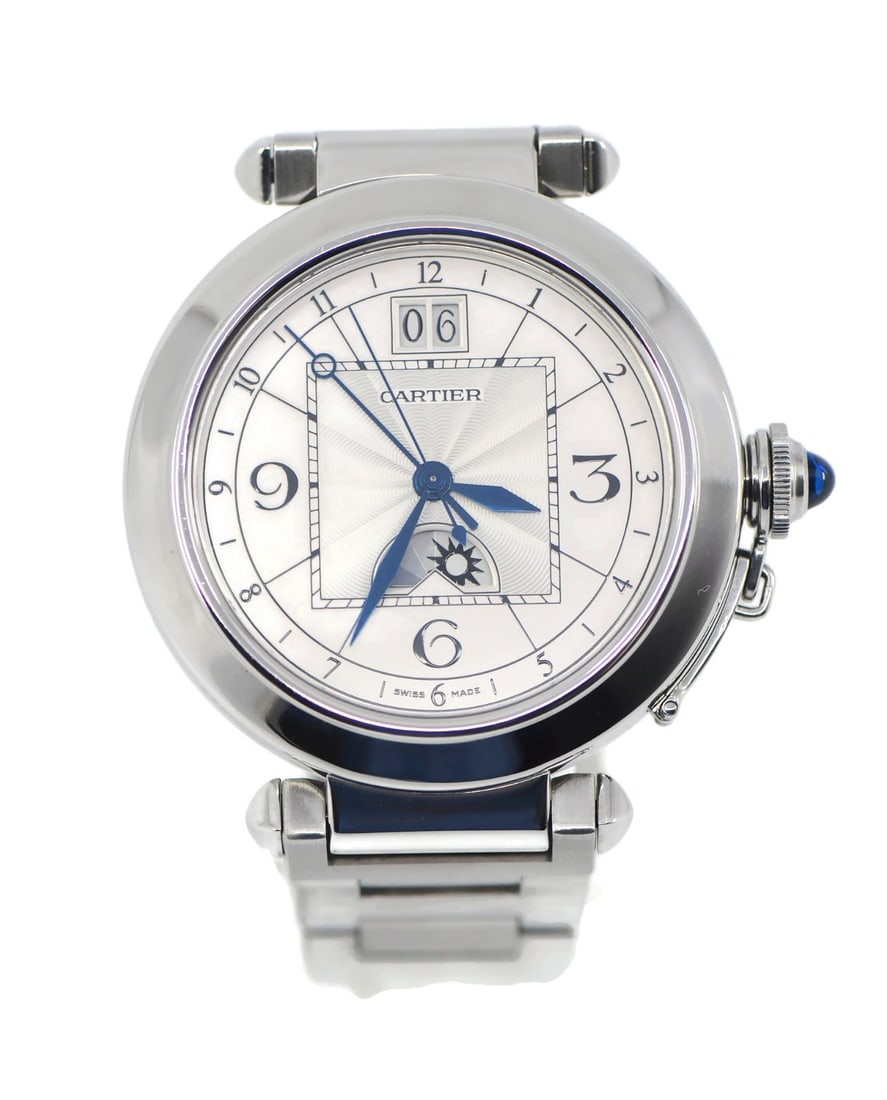 Cartier Pasha Moon Phase Automatic Steel Wristwatch 42mm Box: Cartier Pasha Moon Phase Automatic Steel Wristwatch 42mm Box This Cartier Pasha Moon Phase wristwatch features a stainless steel case and band, complemented by a silver dial and blue hands. Designed f