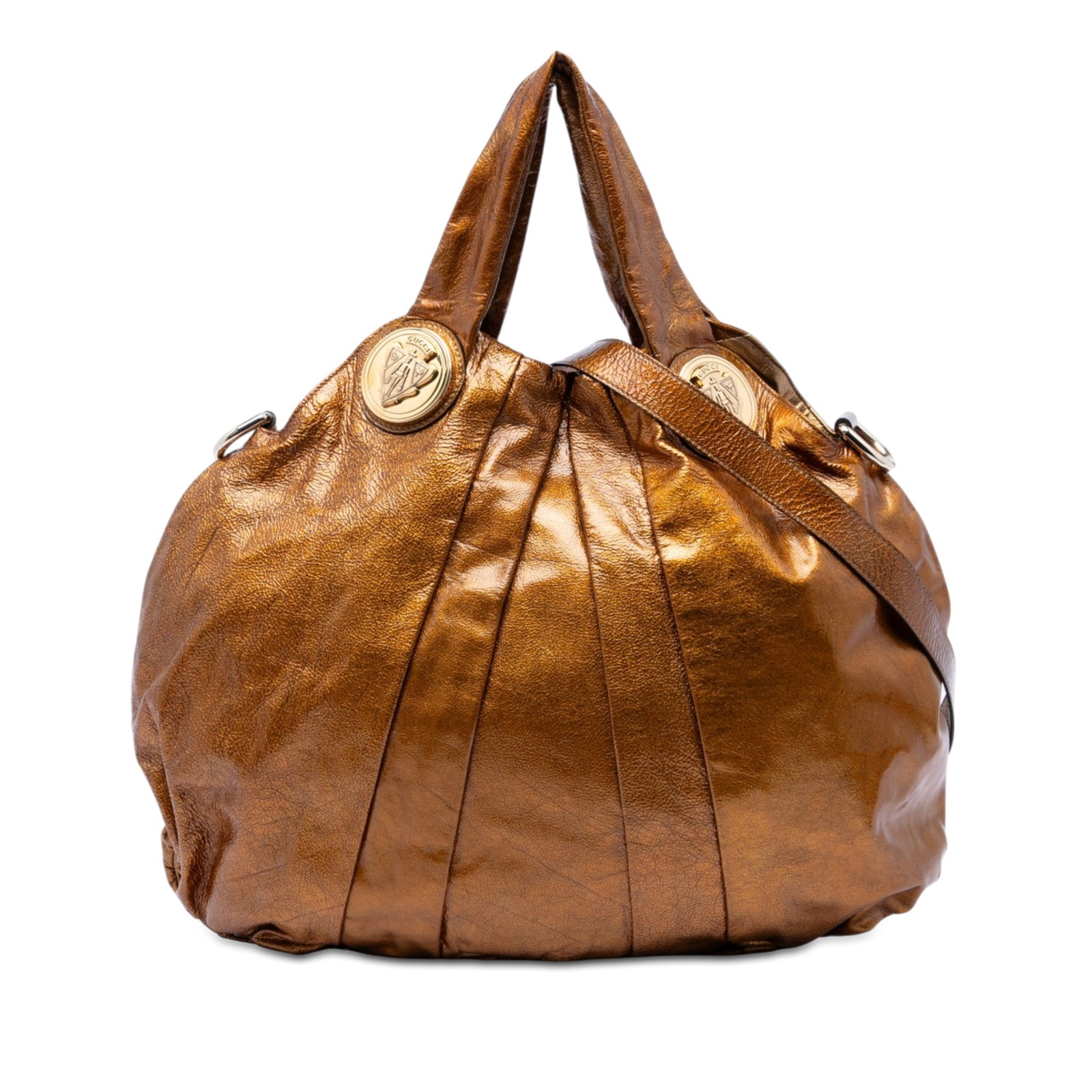 Gucci Hysteria Large Patent Leather Satchel Bag: Gucci Hysteria Large Patent Leather Satchel Bag Gucci Large Patent Hysteria Satchel in gold with a patent leather body. It features flat leather handles, a detachable flat leather strap, an open top w