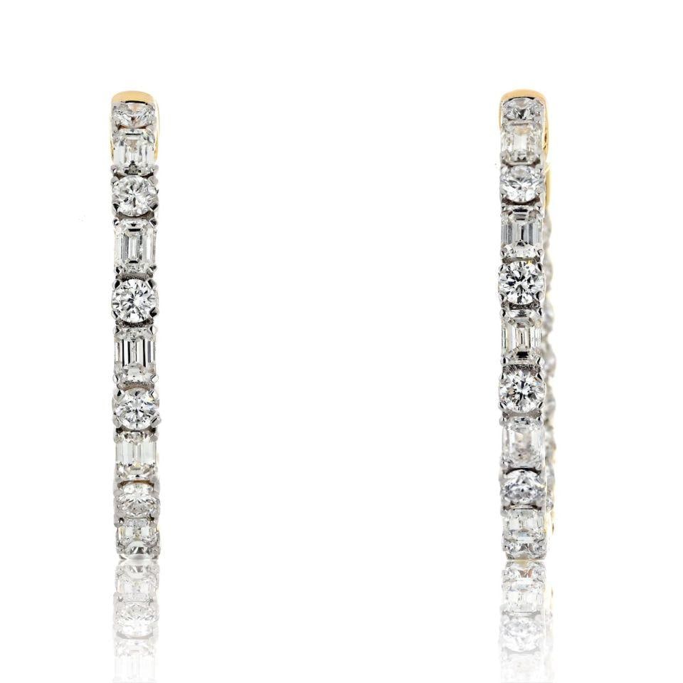 14K Yellow Gold Inside Out Earrings with Emerald and Round Cut Diamonds: 14K Yellow Gold Inside Out Earrings with Emerald and Round Cut Diamonds Showcasing a stunning blend of elegance and sparkle, these 14K Yellow Gold Inside Out Earrings feature a combination of emerald 