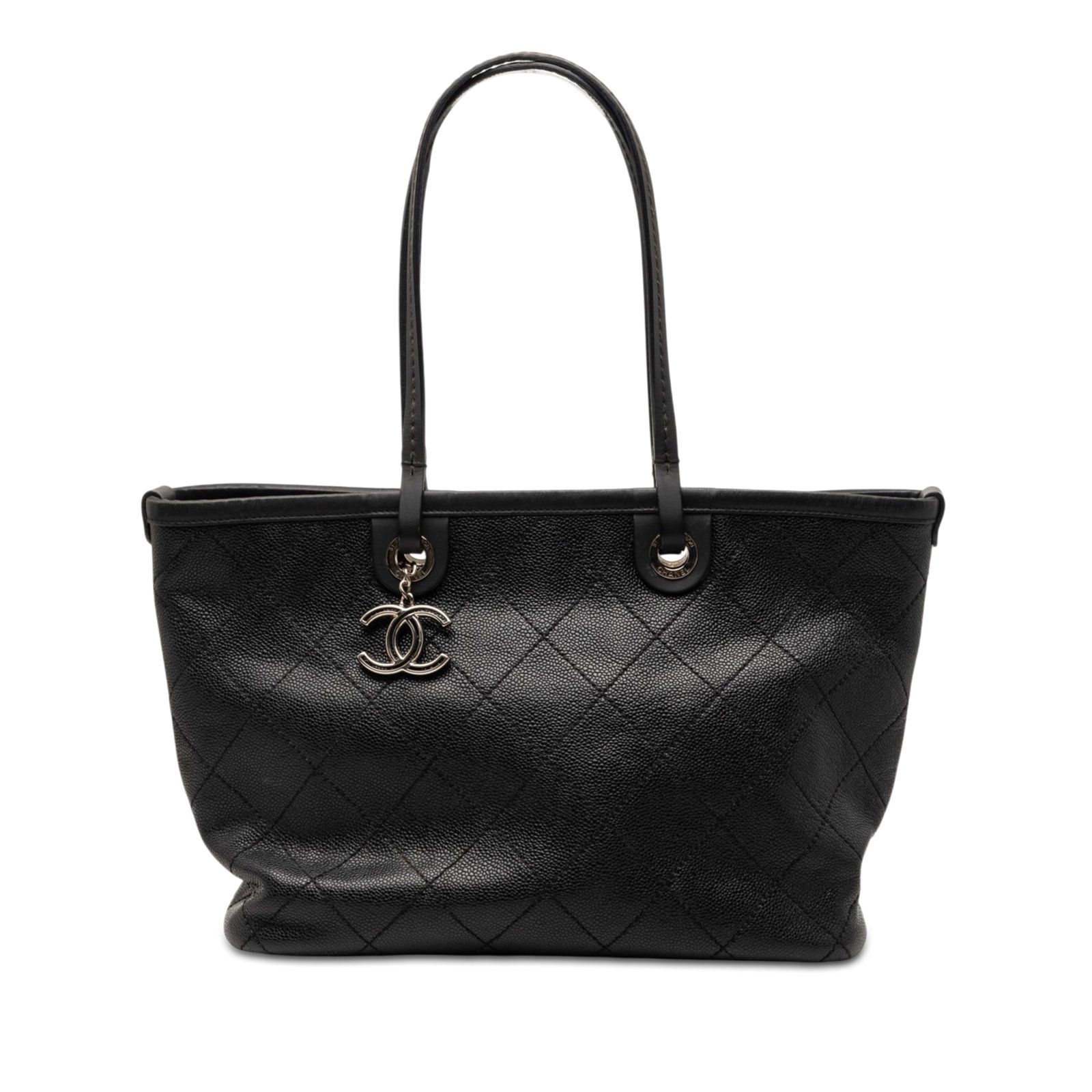 Chanel Caviar Leather On the Road Tote with Wild Stitch CC: Chanel Caviar Leather On the Road Tote with Wild Stitch CC This Chanel CC Caviar Wild Stitch On the Road Tote is crafted from caviar leather in black and features flat leather straps and a top zip clo