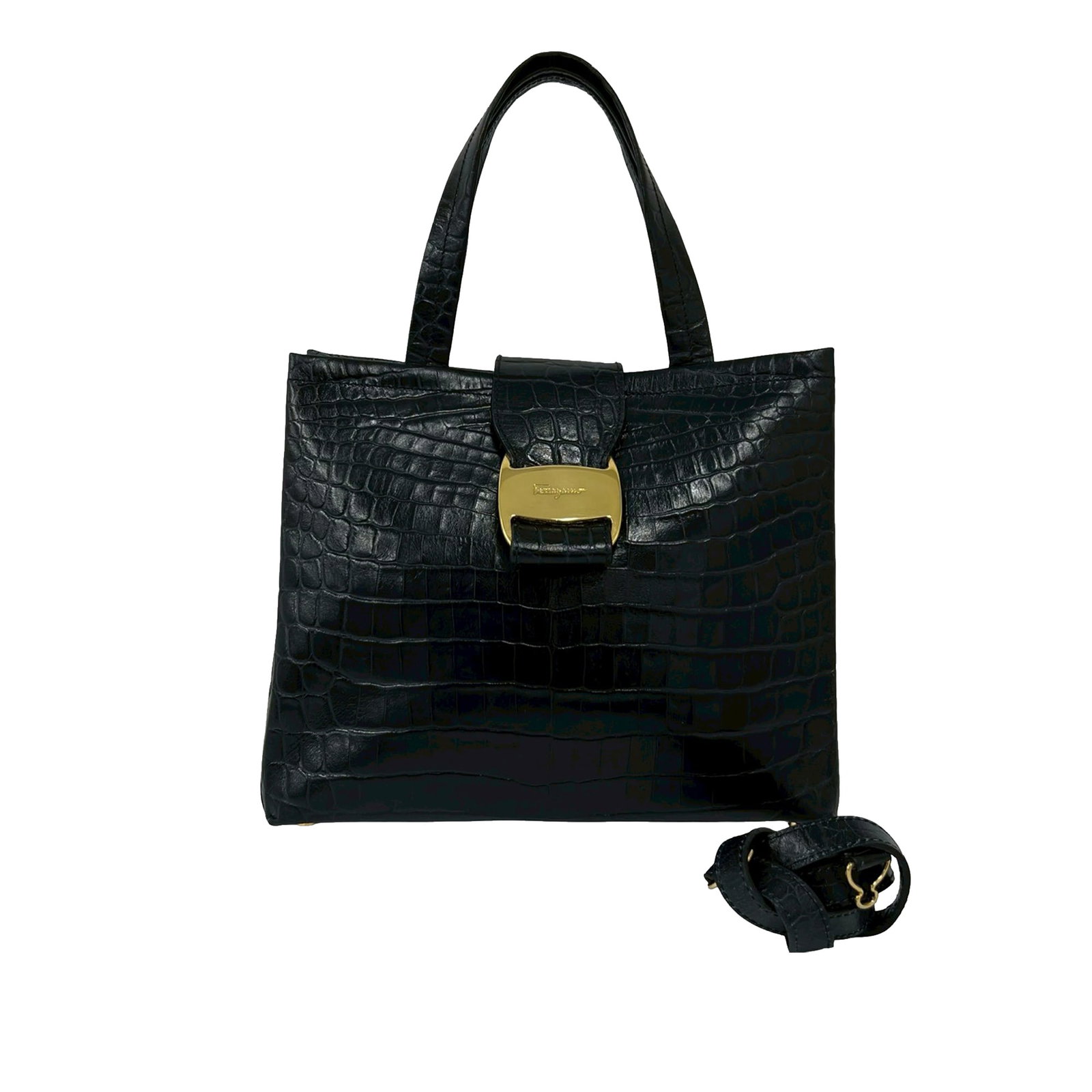 Ferragamo Vara Bow Leather Satchel Black Croc Embossed: Ferragamo Vara Bow Leather Satchel Black Croc Embossed This Ferragamo satchel is crafted from croc-embossed leather in black and features flat leather top handles, a detachable flat strap, and the sig