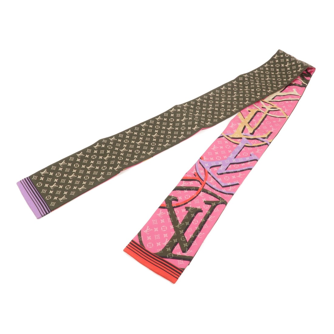 Louis Vuitton M77320 Silk Bandeau Scarf Black Pink 118x7: Louis Vuitton M77320 Silk Bandeau Scarf Black Pink 118x7 A Louis Vuitton LV bandeau scarf in silk, presented in black and pink. The item is identified by model number M77320 and is in very good AB con