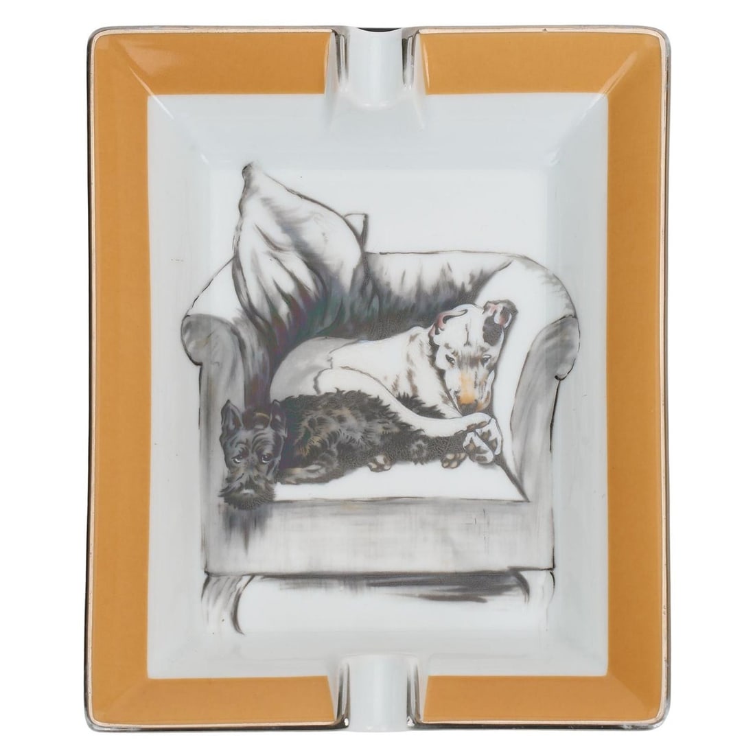 Porcelain Ashtray with Sleeping Dogs Design by Hermes Silver Trim: Porcelain Ashtray with Sleeping Dogs Design by Hermes Silver Trim Hermes porcelain ashtray featuring an image of two sleeping dogs on an armchair. The piece is finished with silver trim and is in good