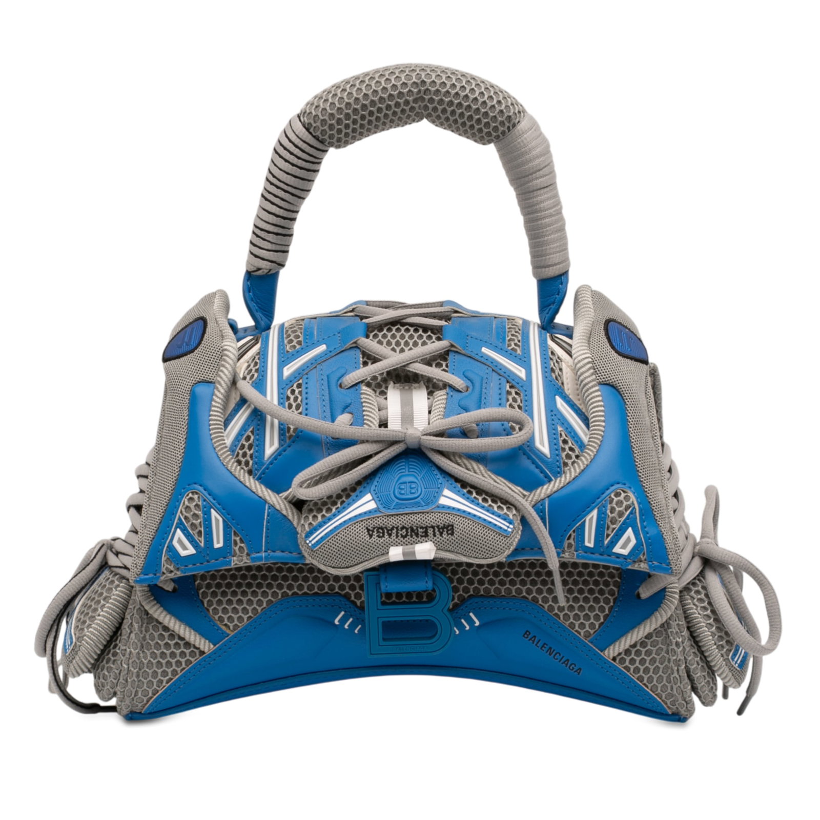 Balenciaga Sneakerhead Satchel in Gray Faux Leather and Mesh: Balenciaga Sneakerhead Satchel in Gray Faux Leather and Mesh This Balenciaga Small Faux Leather and Mesh Sneakerhead Top Handle Bag features a mesh body with faux leather trim, a rolled handle, and a 