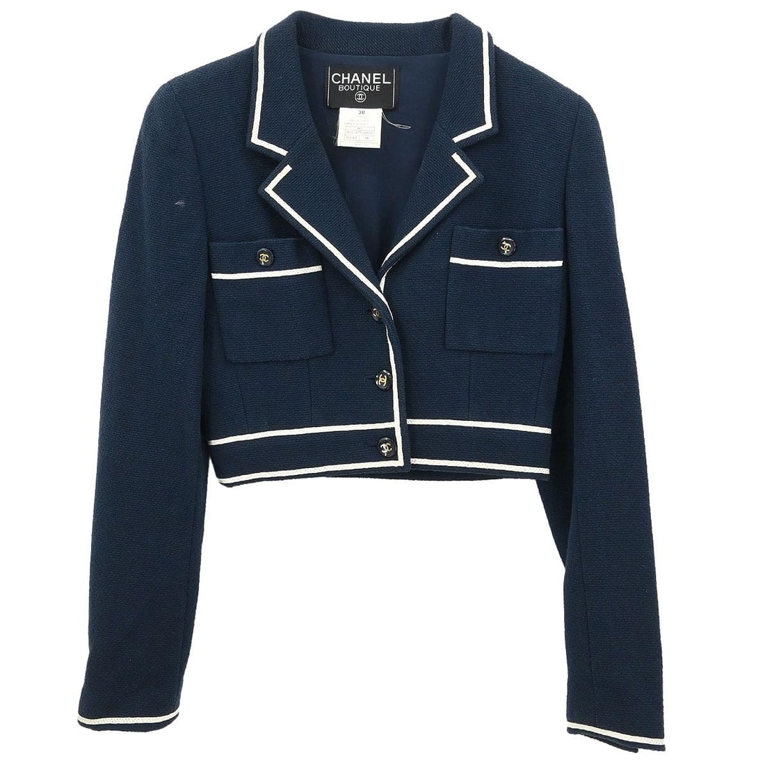CHANEL P95 Navy Cotton Short Jacket Womens Size 38: CHANEL P95 Navy Cotton Short Jacket Womens Size 38 Vintage Chanel single-breasted jacket in navy cotton with a short silhouette, long sleeves, a collared neckline, and button closure. Designed in a re
