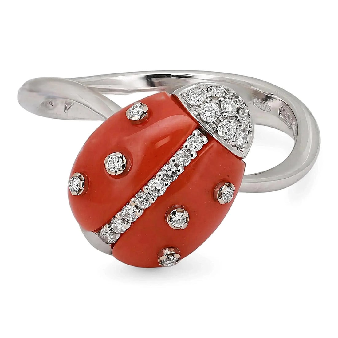 Ladybird Cocktail Ring in 18k White Gold with Coral and Diamond Accents by Giovanni Ferraris: Ladybird Cocktail Ring in 18k White Gold with Coral and Diamond Accents by Giovanni Ferraris This Giovanni Ferraris cocktail ring features a playful ladybird design crafted in 18k white gold. The ring