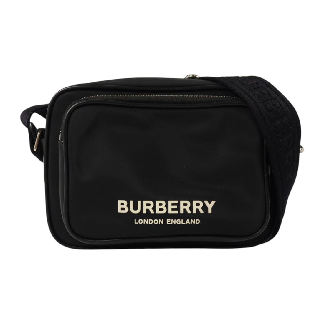 Burberry Econy I Nylon Crossbody Shoulder Bag Black SHW: Burberry Econy I Nylon Crossbody Shoulder Bag Black SHW A black Burberry shoulder bag designed for crossbody wear, made from nylon. It features one exterior zip pocket, one interior zip pocket, and on
