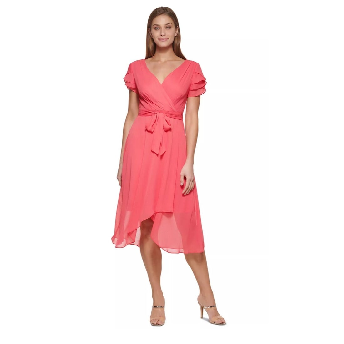 DKNY Petite Punch Pink Ruffled-Sleeve Chiffon High Low Midi Dress 6P: DKNY Petite Punch Pink Ruffled-Sleeve Chiffon High Low Midi Dress 6P Elevate your wardrobe with this chic DKNY Petite Ruffled-Sleeve Faux-Wrap Chiffon High Low Midi Dress in a vibrant punch pink. Desi