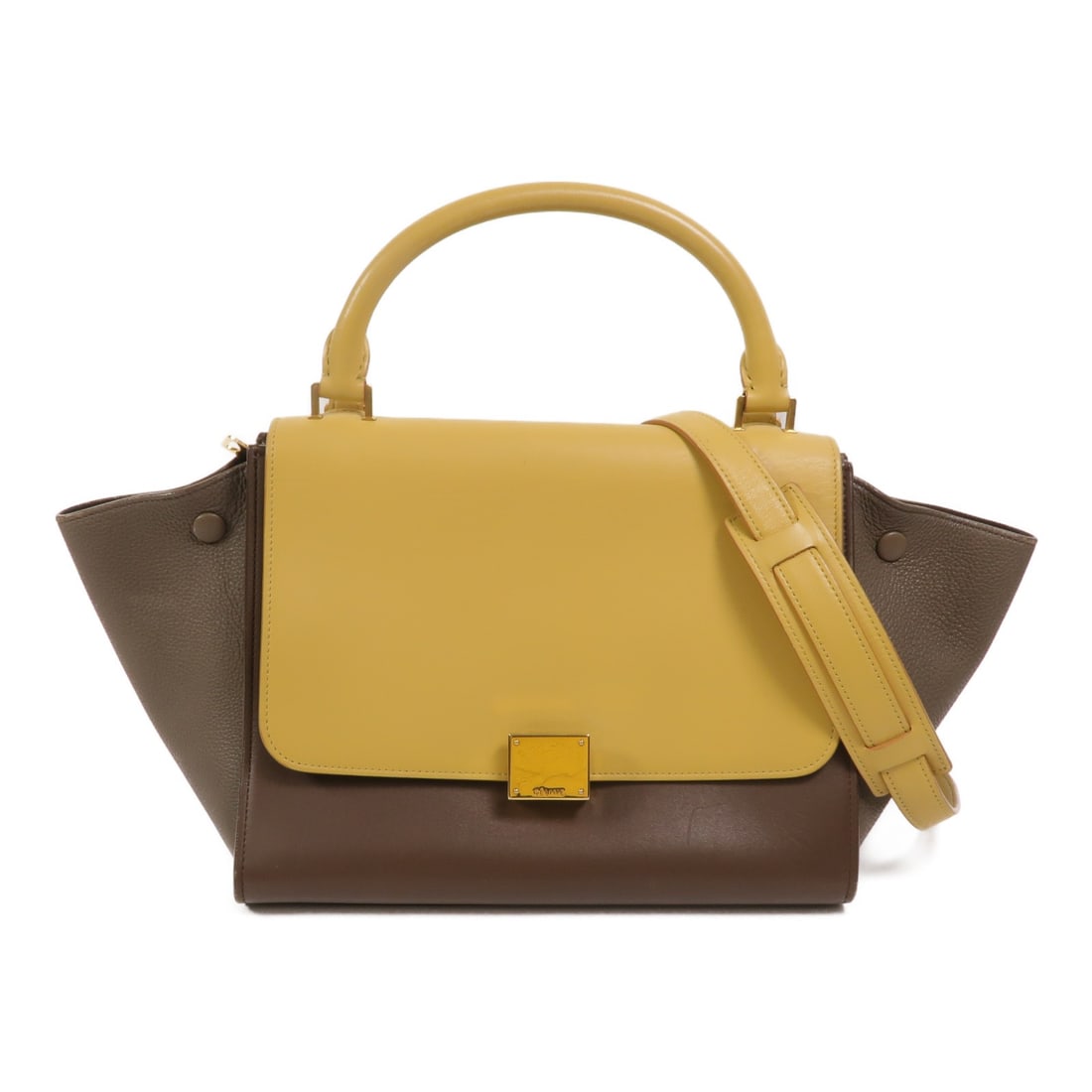 CELINE Trapeze Small 2 Way Shoulder Bag Brown Yellow Calfskin: CELINE Trapeze Small 2 Way Shoulder Bag Brown Yellow Calfskin A CELINE Trapeze Small 2 Way Shoulder Bag in calfskin leather, presented in a brown and yellow color combination with green noted in the c