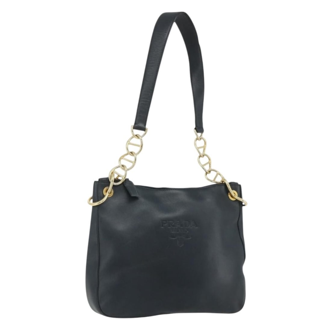 Prada Navy Leather Shoulder Bag with Gold Chain Made in Italy: Prada Navy Leather Shoulder Bag with Gold Chain Made in Italy A Prada chain shoulder bag in navy leather with gold-tone hardware. Made in Italy, this shoulder bag measures approximately 30 cm wide, 22