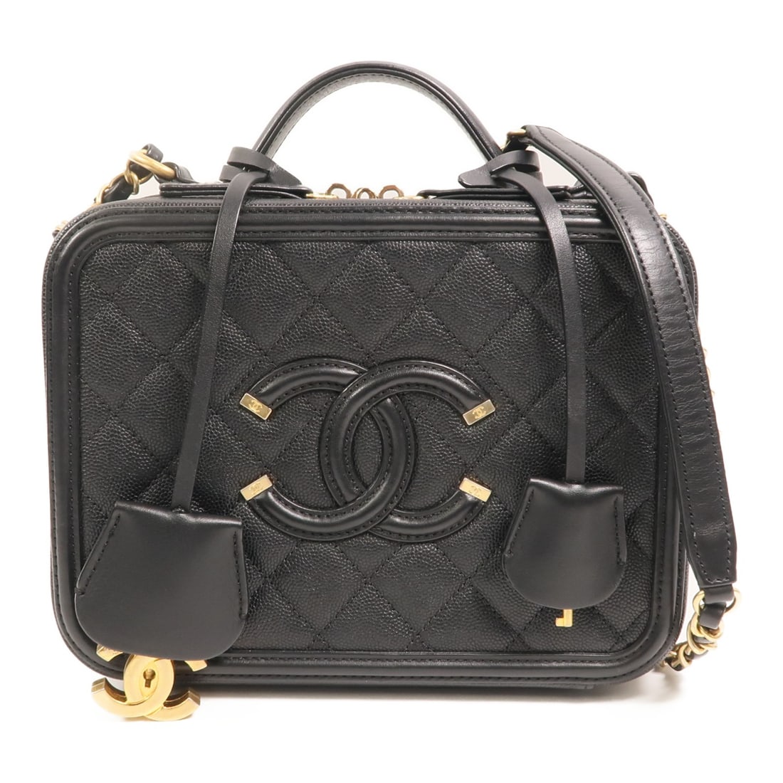 CHANEL CC Medium Vanity Case 2 Way Shoulder Bag Black Calfskin GHW: CHANEL CC Medium Vanity Case 2 Way Shoulder Bag Black Calfskin GHW A CHANEL Medium Vanity Case 2 Way Shoulder Bag in black calfskin leather with gold-tone hardware. The bag is described as a regular-s