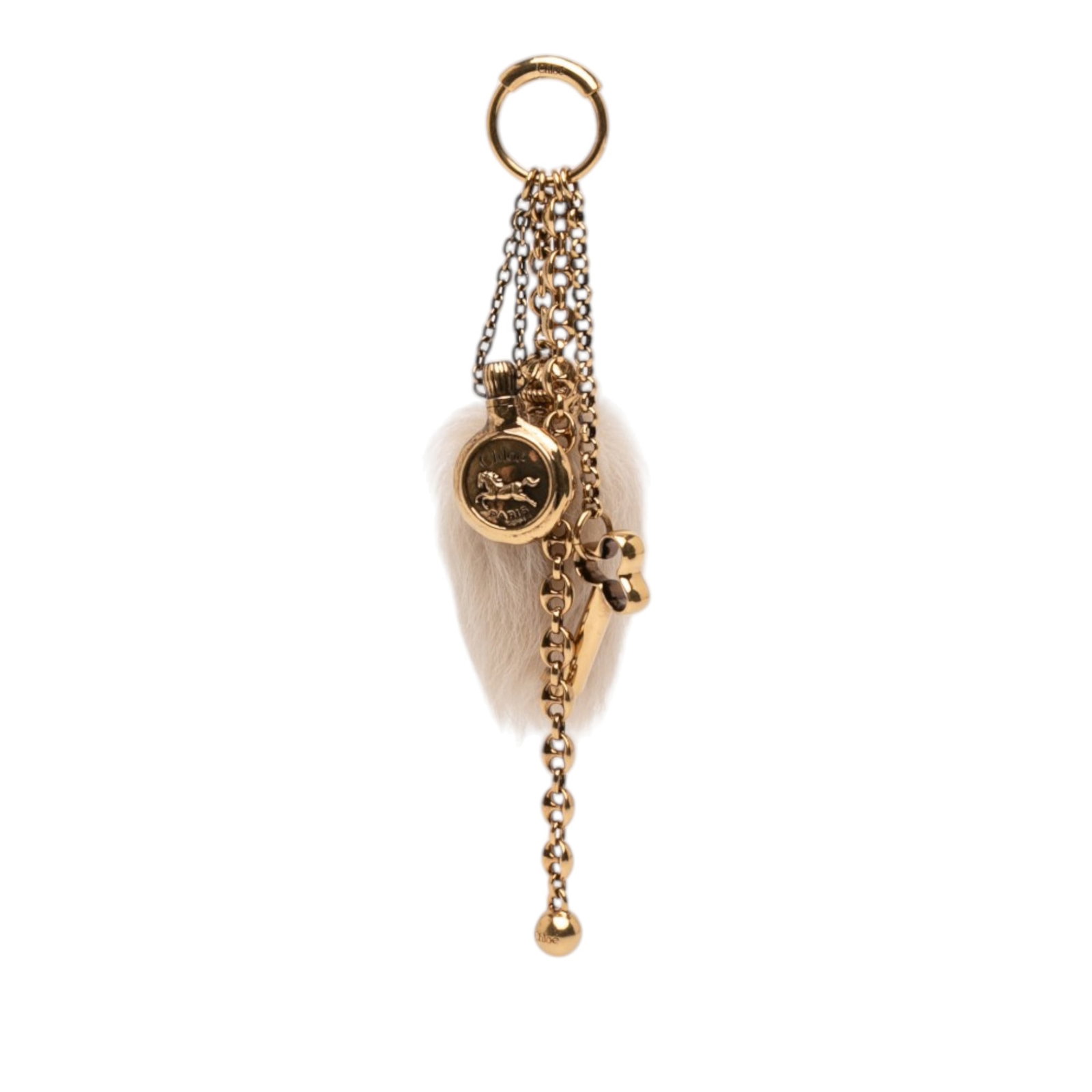 Chloe gold plated metal bag charm with key ring and chain: Chloe gold plated metal bag charm with key ring and chain This Chloe bag charm features a gold-plated metal body with gold tone chain, decorative charms, and a key ring. The design includes signature 